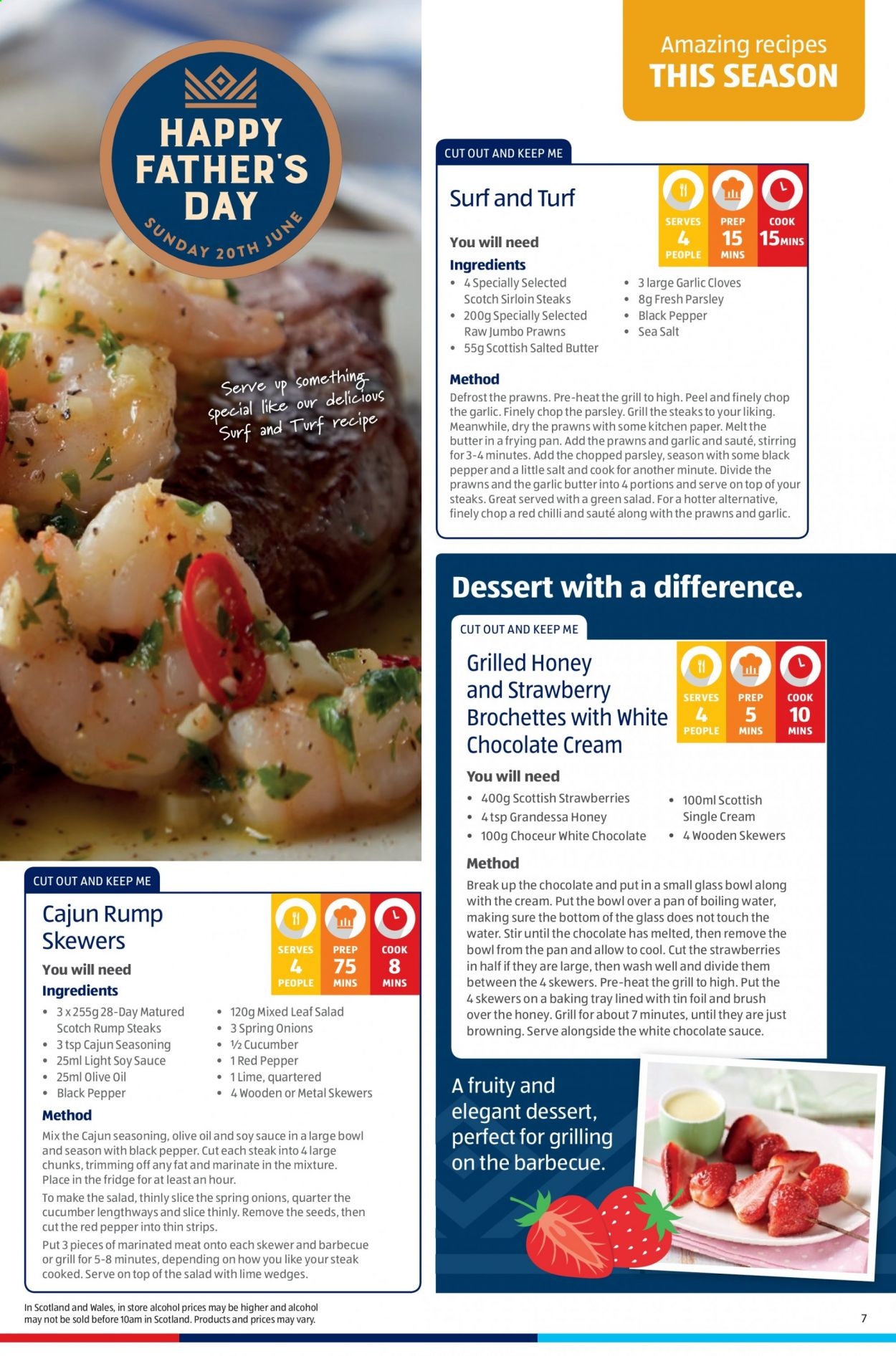 thumbnail - Aldi offer  - 20/06/2021 - 27/06/2021 - Sales products - alcohol, parsley, strawberries, steak, sirloin steak, prawns, salted butter, strips, white chocolate, cloves, spice, soy sauce, olive oil, honey, Surf, Sure, brush, pan, baking tray, glass bowl, paper. Page 7.