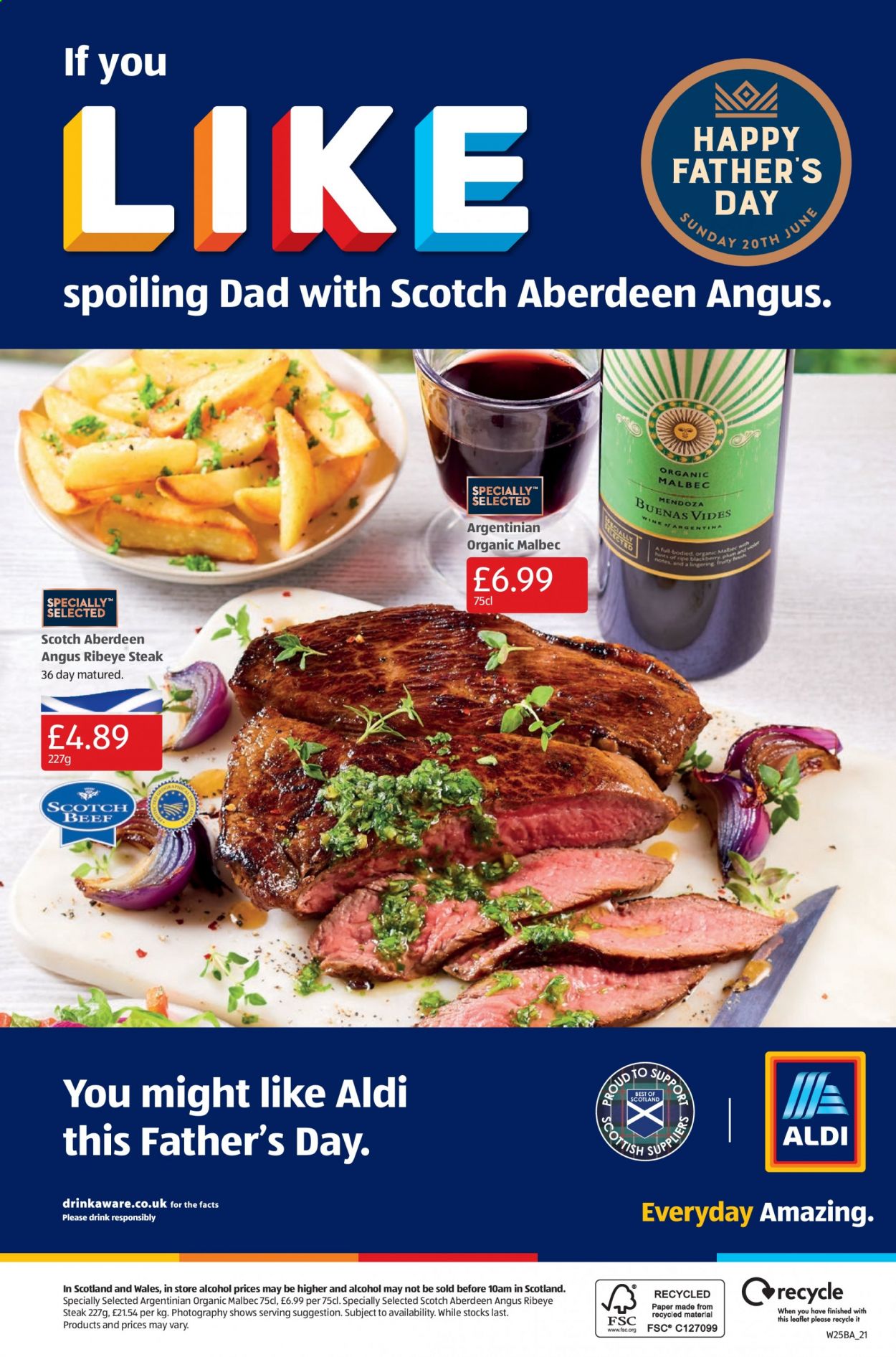 thumbnail - Aldi offer  - 20/06/2021 - 27/06/2021 - Sales products - alcohol, beef meat, beef steak, steak, ribeye steak, red wine, wine. Page 36.