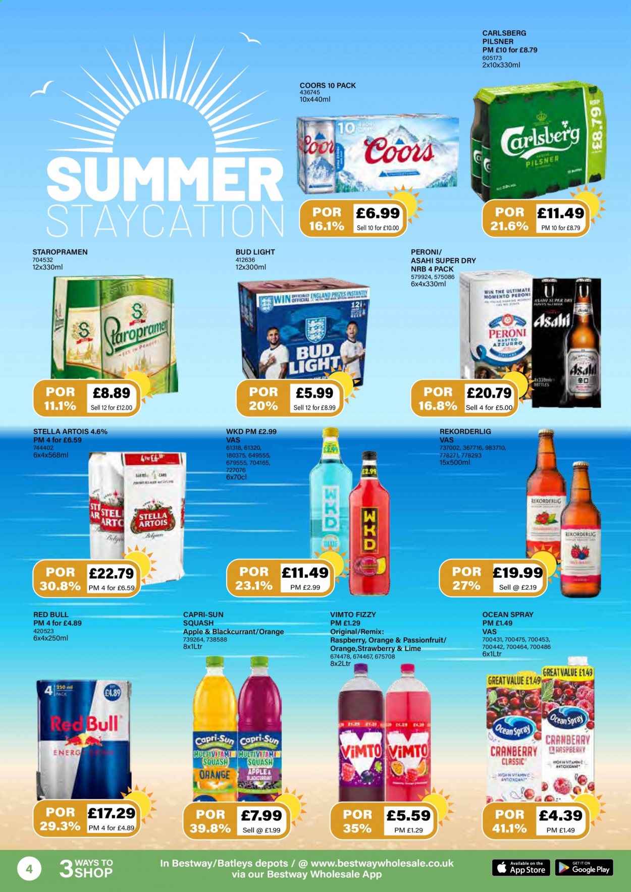 thumbnail - Bestway offer  - 18/06/2021 - 15/07/2021 - Sales products - Stella Artois, Bud Light, Coors, beer, Carlsberg, Peroni, Red Bull, multivitamin. Page 4.