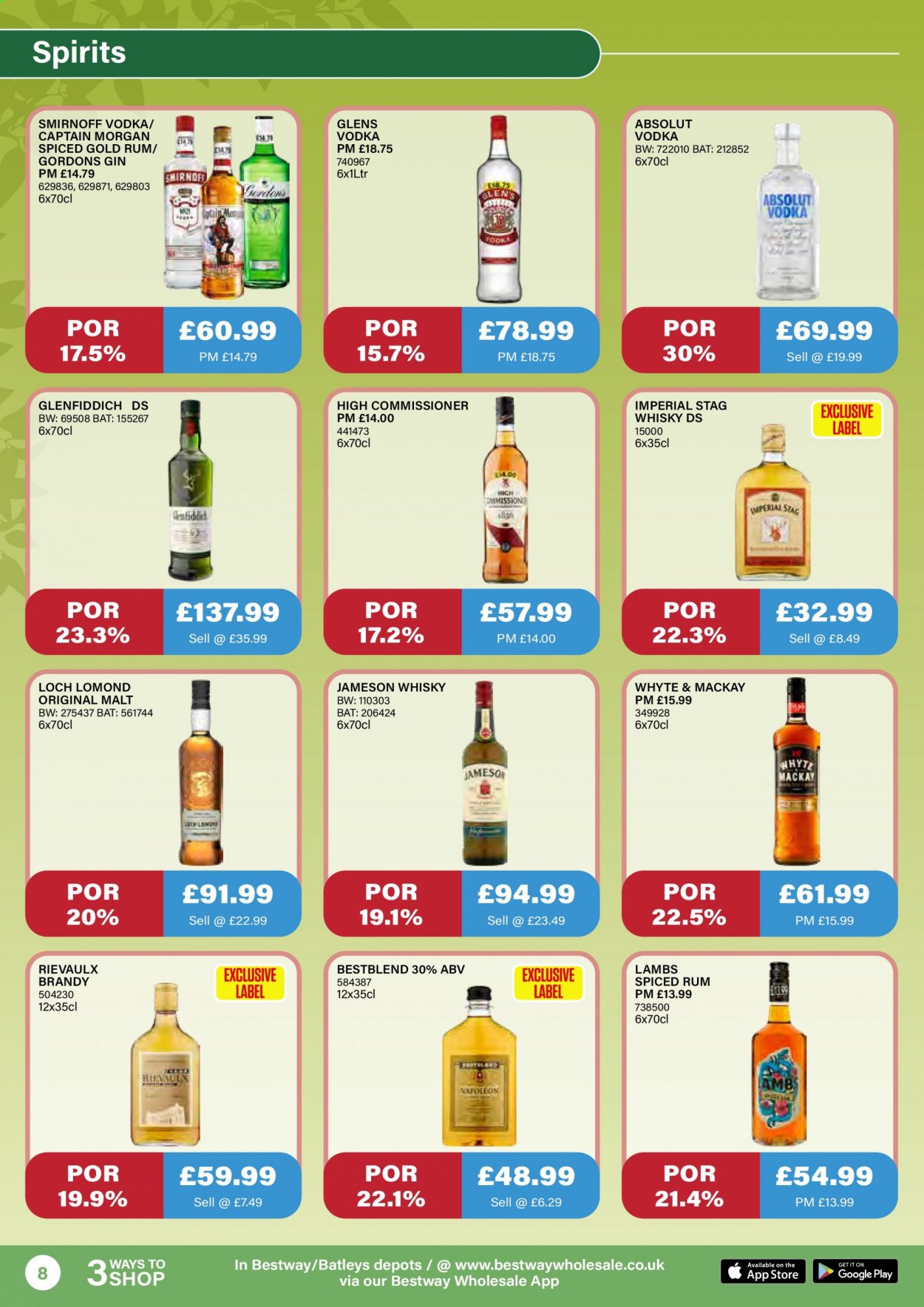 thumbnail - Bestway offer  - 18/06/2021 - 15/07/2021 - Sales products - malt, brandy, Captain Morgan, gin, Smirnoff, spiced rum, vodka, Jameson, Gordon's, Absolut, rum, Glenfiddich, whisky. Page 8.