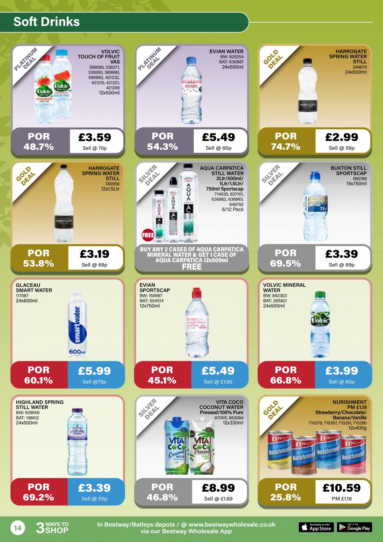 thumbnail - Bestway offer  - 18/06/2021 - 15/07/2021 - Sales products - chocolate, coconut water, soft drink, Volvic, mineral water, spring water, bottled water, Smartwater, Evian. Page 14.
