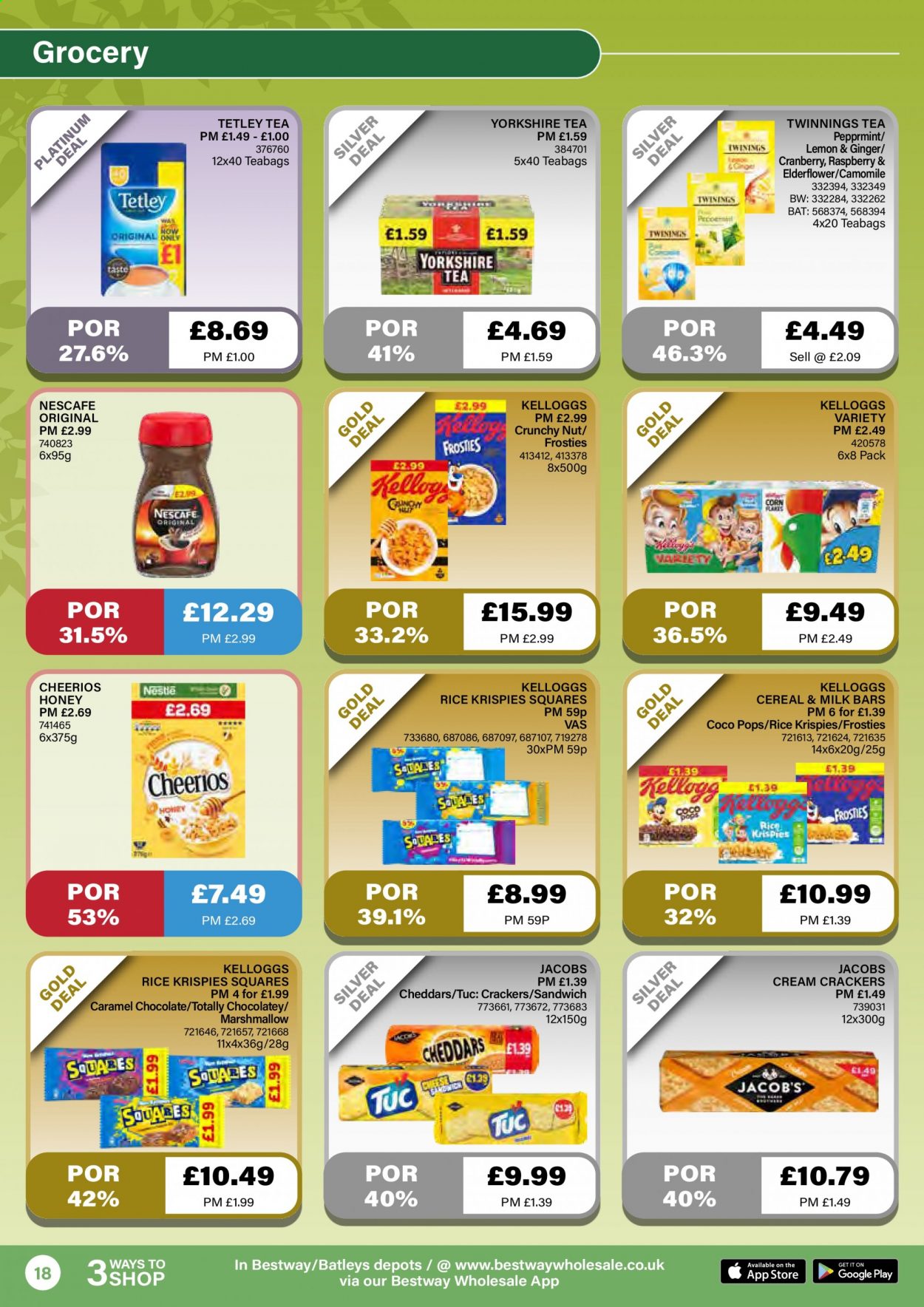 thumbnail - Bestway offer  - 18/06/2021 - 15/07/2021 - Sales products - sandwich, milk, marshmallows, chocolate, crackers, cereals, Cheerios, coco pops, Rice Krispies, honey, tea, tea bags, Jacobs, Nescafé. Page 18.