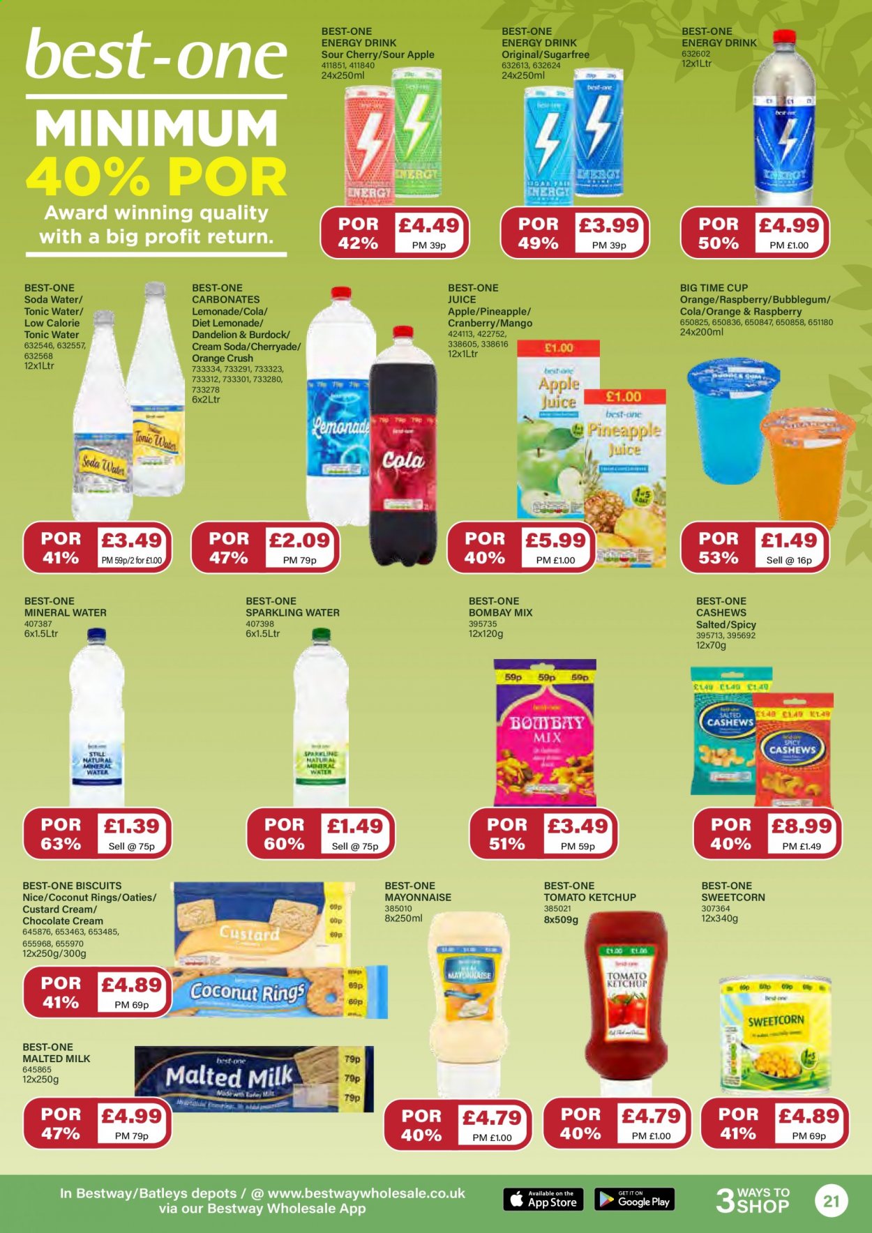 thumbnail - Bestway offer  - 18/06/2021 - 15/07/2021 - Sales products - mango, pineapple, coconut, oranges, custard, milk, mayonnaise, biscuit, bubblegum, ketchup, cashews, lemonade, juice, energy drink, tonic, mineral water, sparkling water, cup. Page 21.