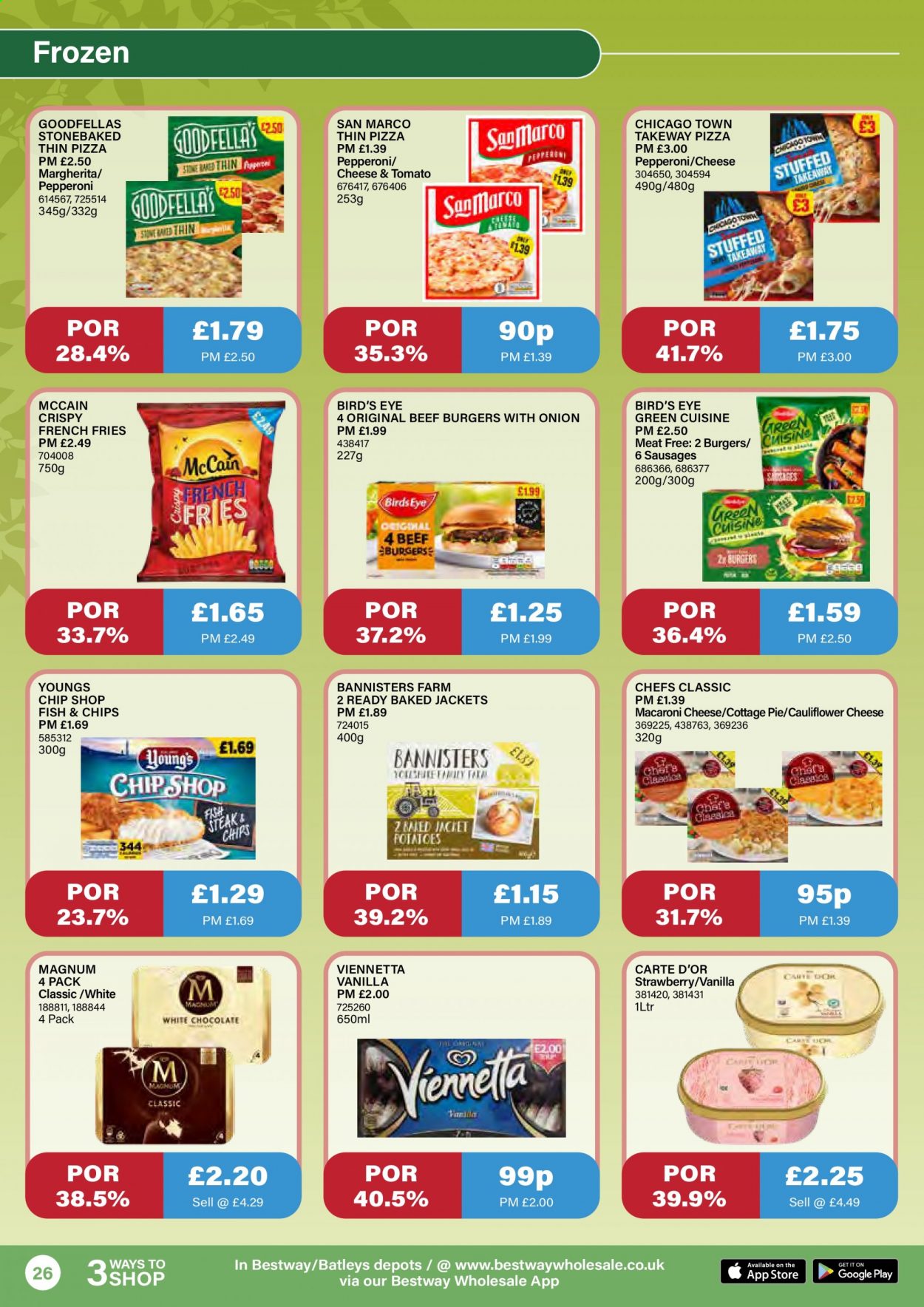 thumbnail - Bestway offer  - 18/06/2021 - 15/07/2021 - Sales products - cauliflower, onion, hamburger, pie, fish, pizza, Bird's Eye, beef burger, sausage, pepperoni, Magnum, McCain, potato fries, french fries. Page 26.
