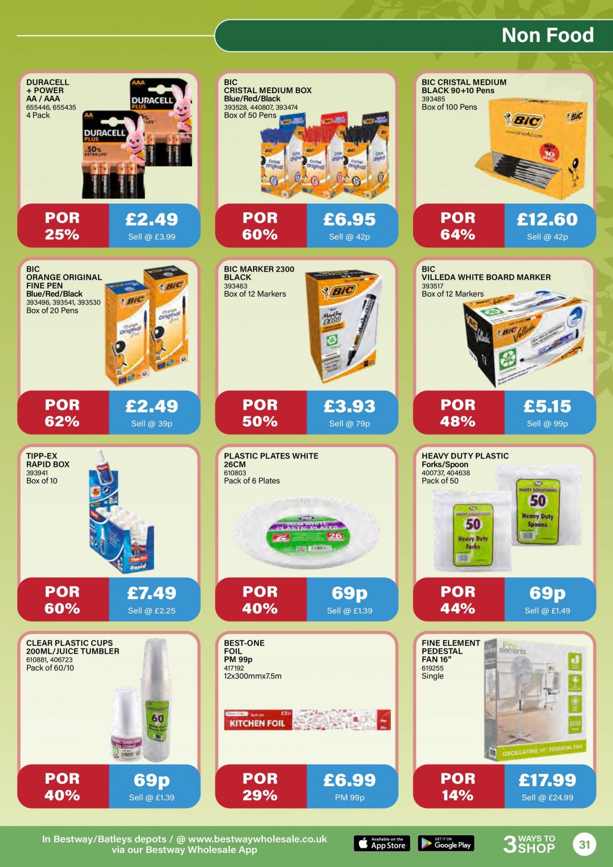 thumbnail - Bestway offer  - 18/06/2021 - 15/07/2021 - Sales products - oranges, juice, BIC, spoon, tumbler, plate, cup, pen, marker, plastic plate, Duracell. Page 31.