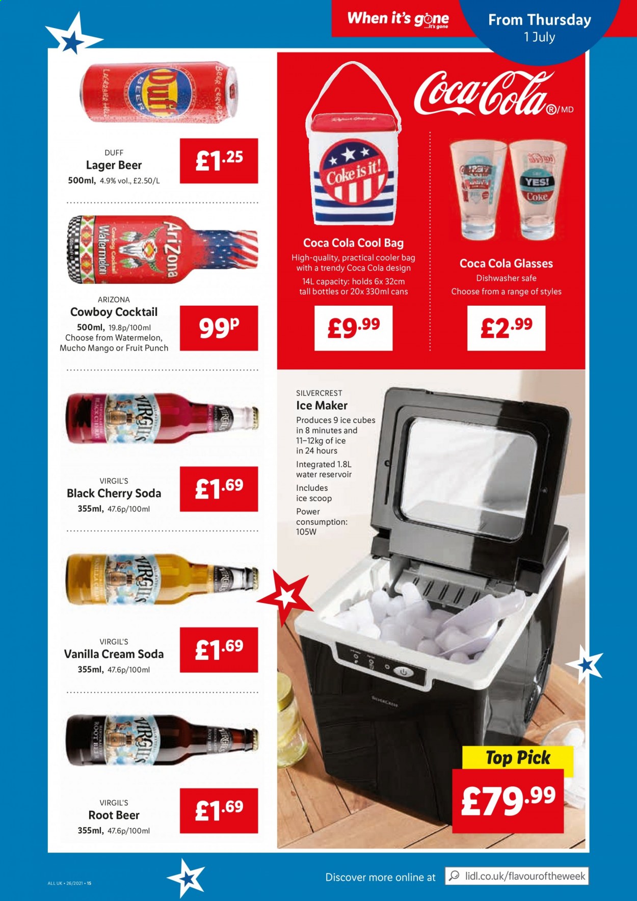thumbnail - Lidl offer  - Sales products - beer, Lager, mango, watermelon, cherries, SilverCrest, ice cubes, Coca-Cola, AriZona, fruit punch, cooler bag, bag. Page 13.