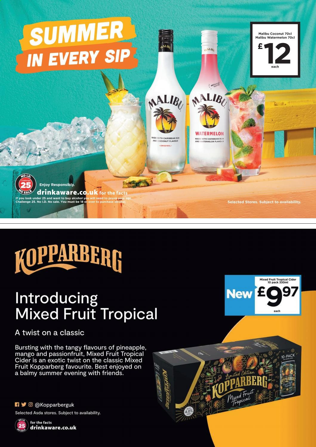 thumbnail - ASDA offer  - 28/06/2021 - 11/07/2021 - Sales products - Kopparberg, alcohol, mango, watermelon, rum, Malibu, cider. Page 10.