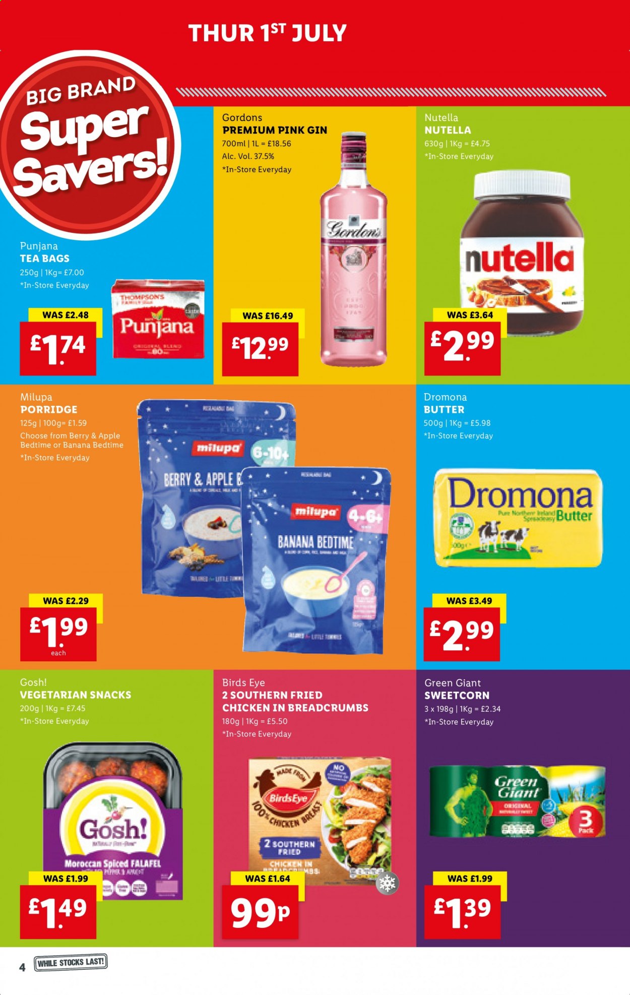 thumbnail - Lidl offer  - Sales products - Bird's Eye, butter, Nutella, snack, porridge, tea bags, Punjana, gin, Gordon's, Apple. Page 3.