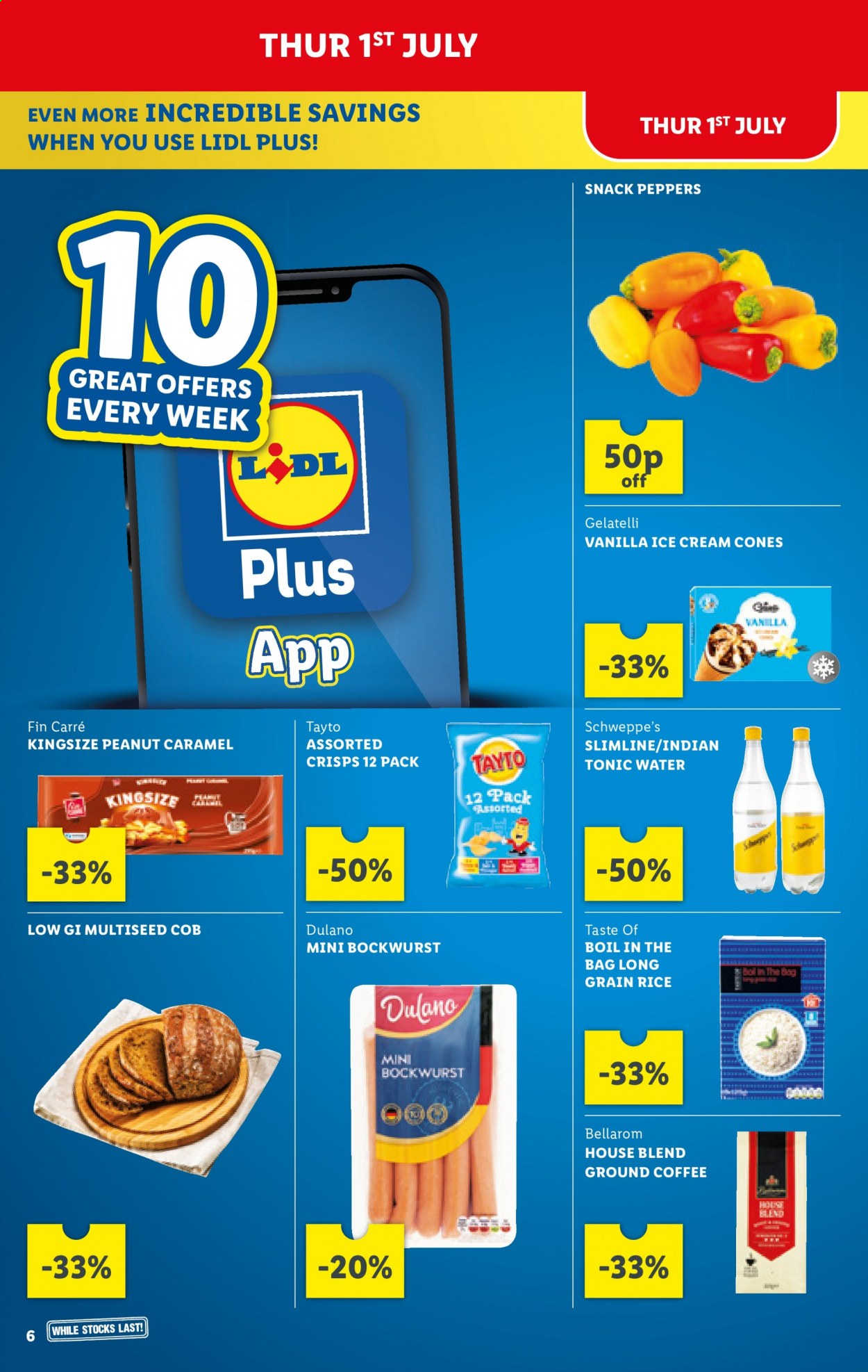 thumbnail - Lidl offer  - Sales products - peppers, ice cream, snack, Tayto, rice, caramel, tonic, coffee, ground coffee. Page 5.