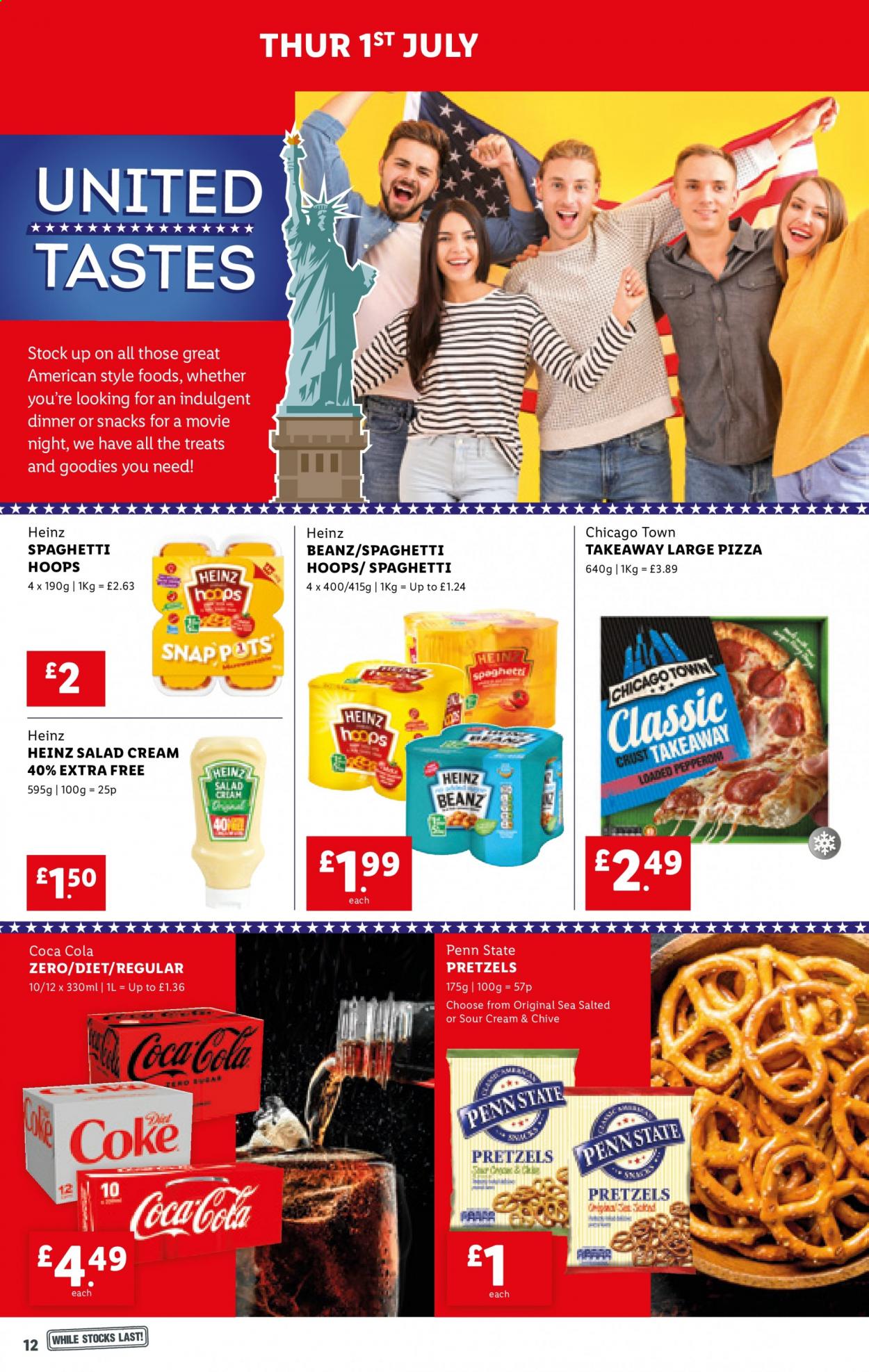 thumbnail - Lidl offer  - Sales products - pretzels, spaghetti, pizza, salad cream, Heinz, Coca-Cola, Coca-Cola zero, fishing rod, Penn. Page 11.