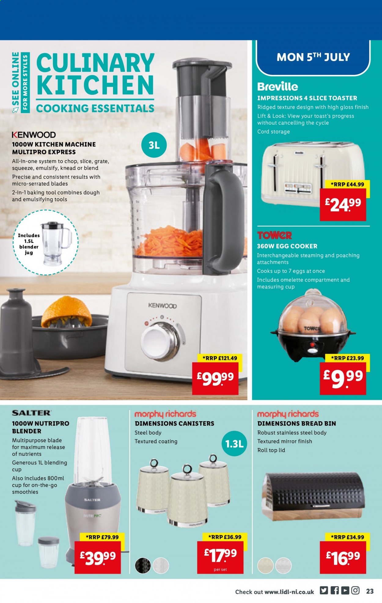 thumbnail - Lidl offer  - Sales products - mirror, bread, eggs, bin, lid, measuring cup, blender, stand mixer, Kenwood, toaster. Page 22.