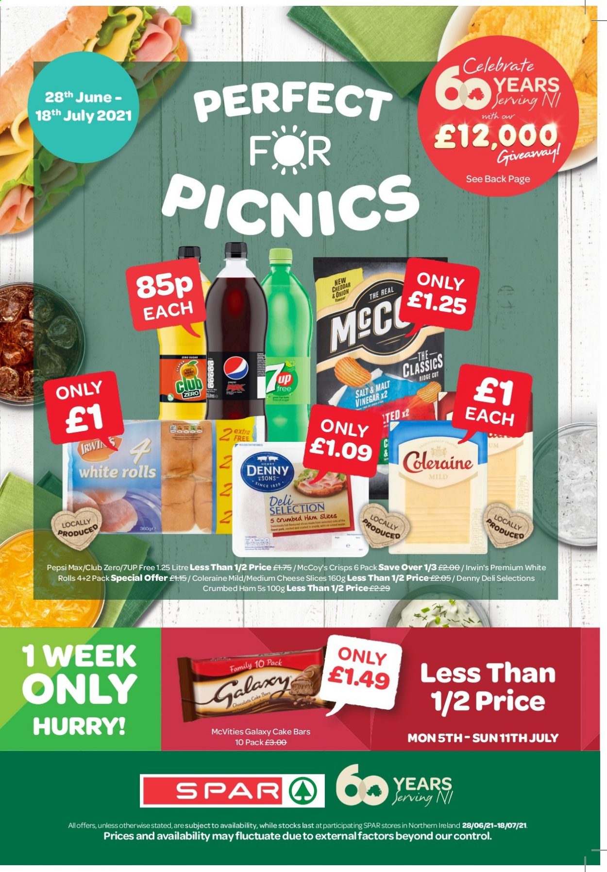 SPAR offer  - 28.6.2021 - 18.7.2021 - Sales products - cake, ham, sliced cheese, cheddar, cheese, chocolate, salt, vinegar, Pepsi, Pepsi Max, 7UP, Club Zero. Page 1.