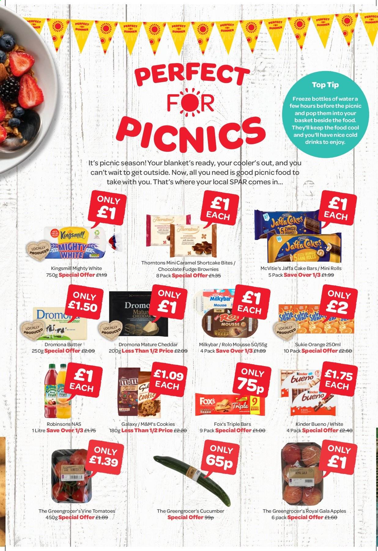 thumbnail - SPAR offer  - 28/06/2021 - 18/07/2021 - Sales products - Gala, oranges, apples, cake, brownies, cheddar, butter, cookies, fudge, chocolate, M&M's, Kinder Bueno, Milkybar, caramel, bin, blanket. Page 3.