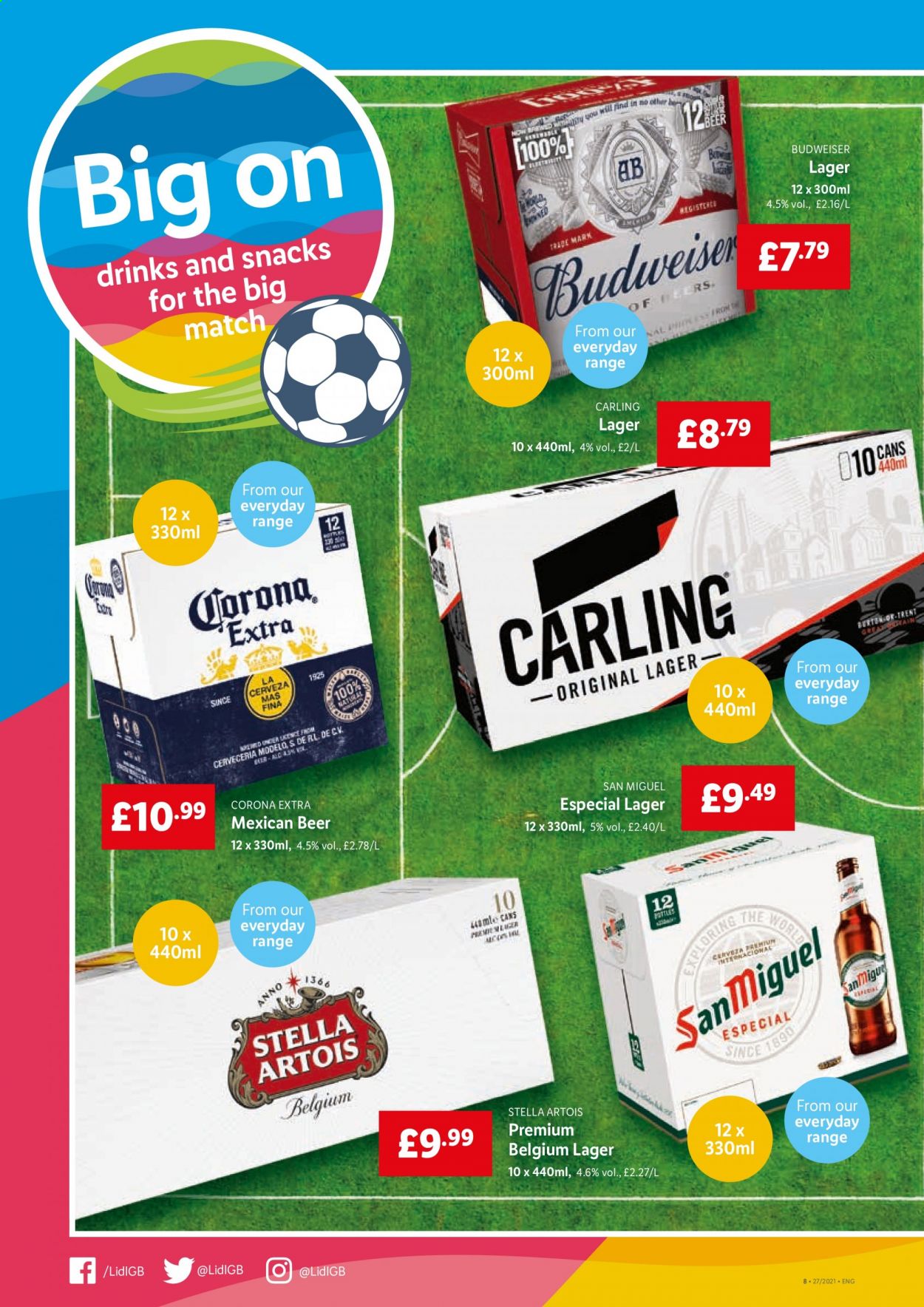 thumbnail - Lidl offer  - 08/07/2021 - 14/07/2021 - Sales products - Budweiser, Stella Artois, Corona Extra, beer, Carling, San Miguel, Lager. Page 8.