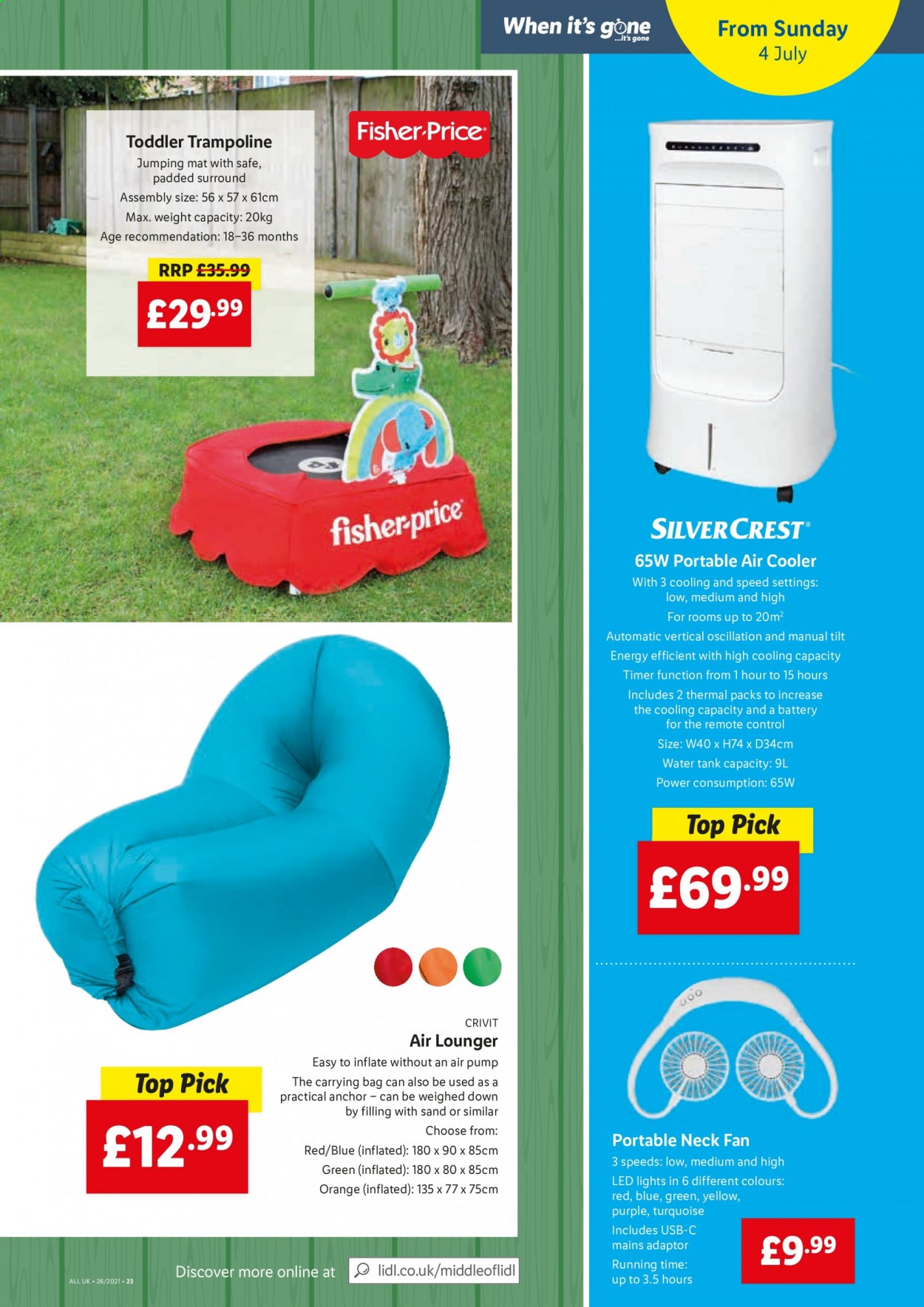 thumbnail - Lidl offer  - 01/07/2021 - 07/07/2021 - Sales products - Crivit, oranges, SilverCrest, Anchor, tank, remote control, air cooler, bag, trampoline, Fisher-Price, pump. Page 19.