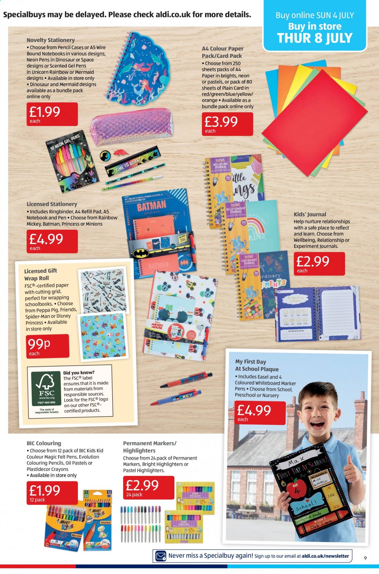 thumbnail - Aldi offer  - 04/07/2021 - 11/07/2021 - Sales products - Batman, oranges, Disney, Mickey Mouse, Minions, BIC, Peppa Pig, paper, gift wrap, pen, whiteboard, marker, pencil, oil pastels, easel, dinosaur, princess. Page 9.