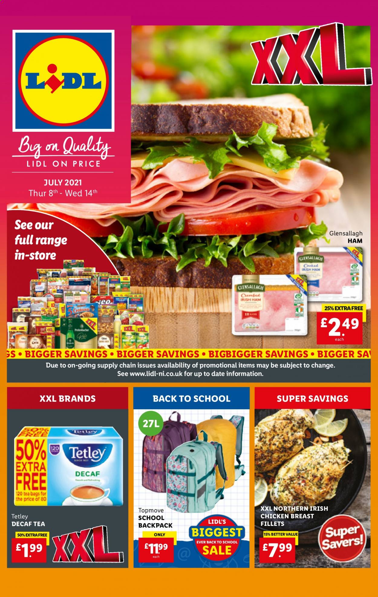thumbnail - Lidl offer  - 08/07/2021 - 14/07/2021 - Sales products - chicken breasts, chicken, ham, tea bags. Page 1.