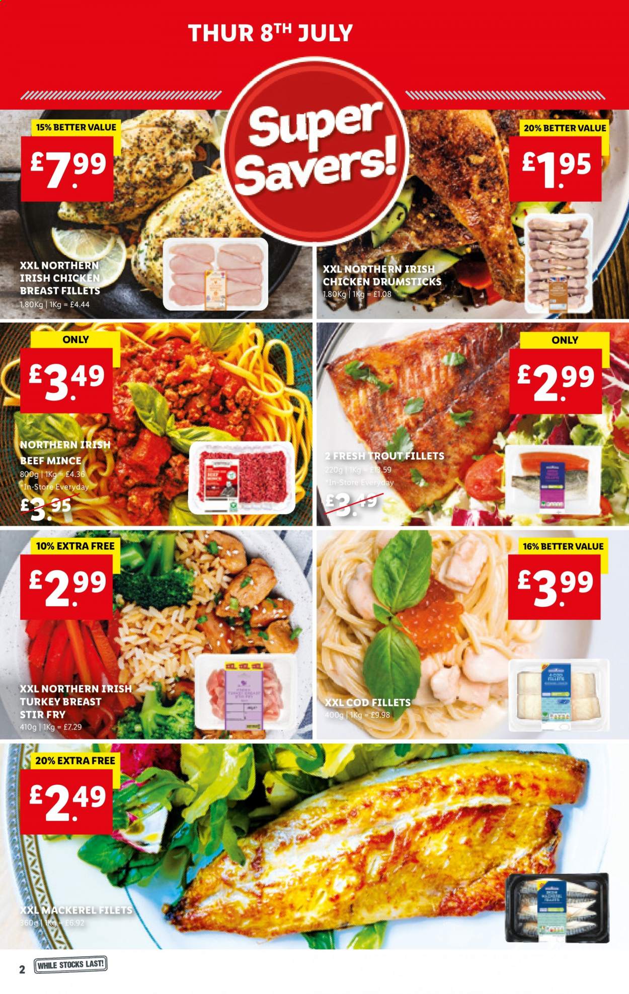 thumbnail - Lidl offer  - 08/07/2021 - 14/07/2021 - Sales products - turkey breast, chicken breasts, chicken drumsticks, chicken, turkey, beef meat, ground beef, cod, mackerel, trout. Page 2.