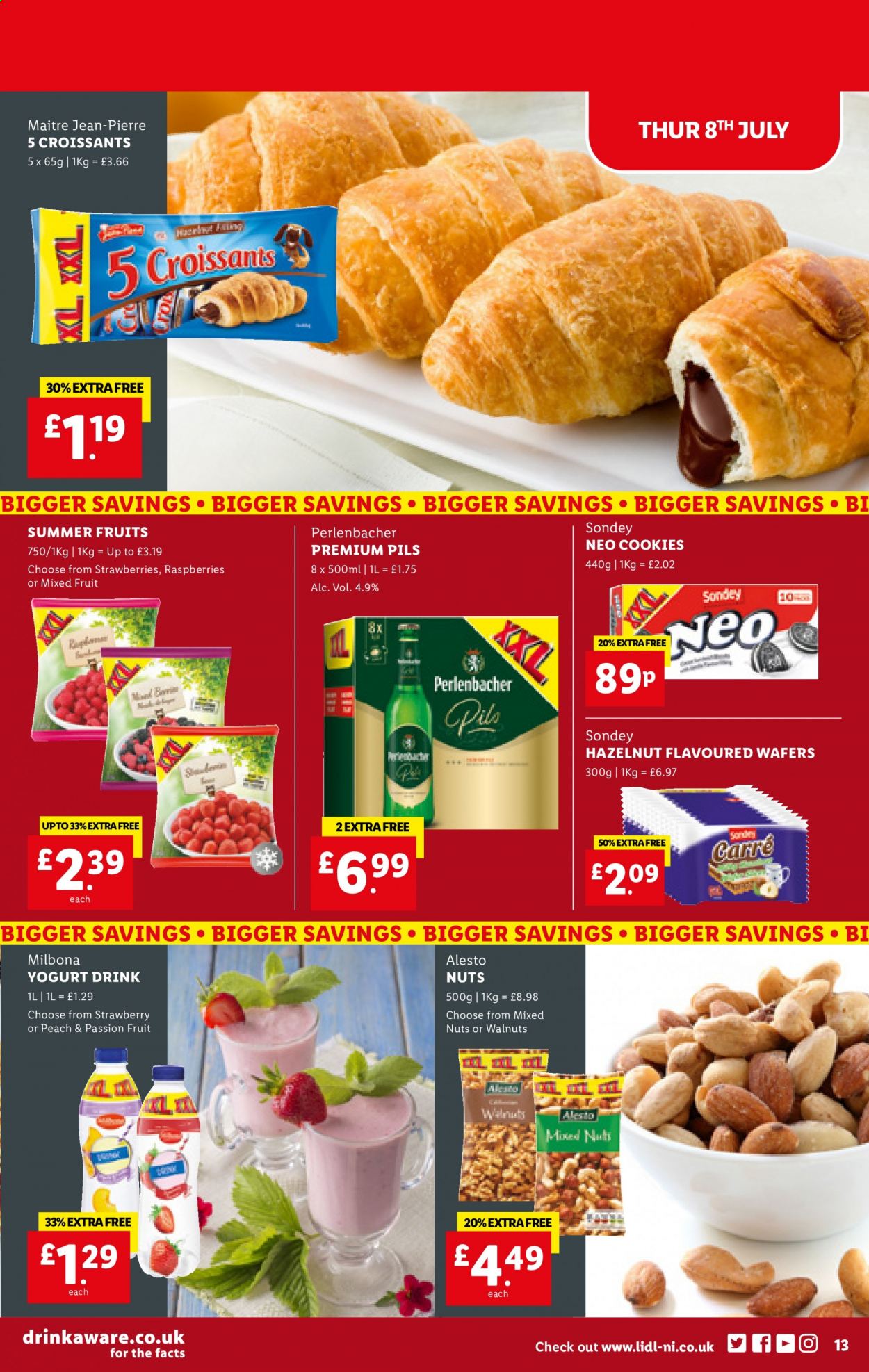 thumbnail - Lidl offer  - 08/07/2021 - 14/07/2021 - Sales products - Perlenbacher, beer, raspberries, strawberries, croissant, yoghurt, yoghurt drink, cookies, wafers, walnuts, mixed nuts. Page 13.