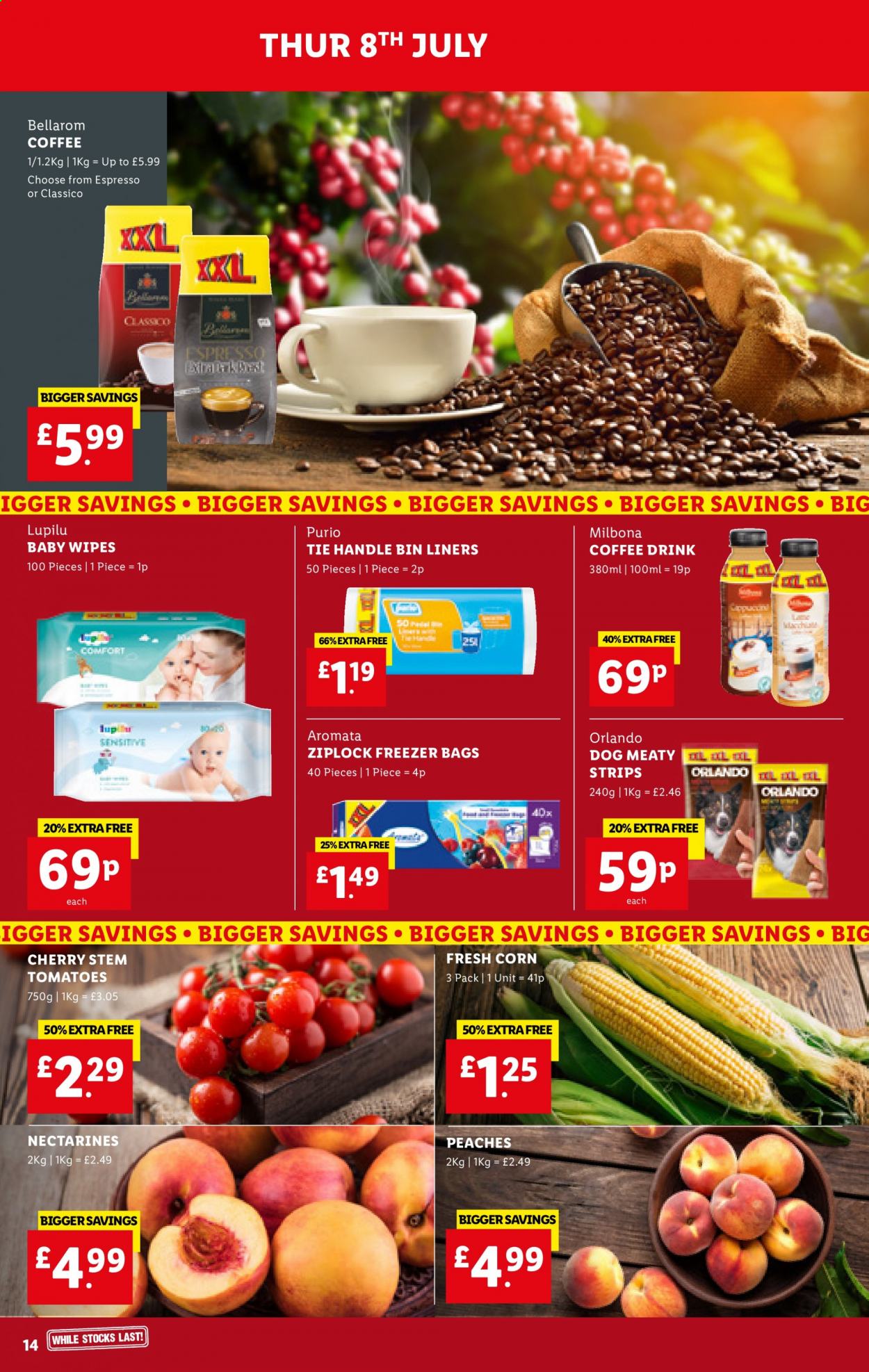 thumbnail - Lidl offer  - 08/07/2021 - 14/07/2021 - Sales products - Lupilu, corn, tomatoes, nectarines, cherries, peaches, strips, Classico, coffee, wipes, baby wipes, bin, freezer bag, bag. Page 14.