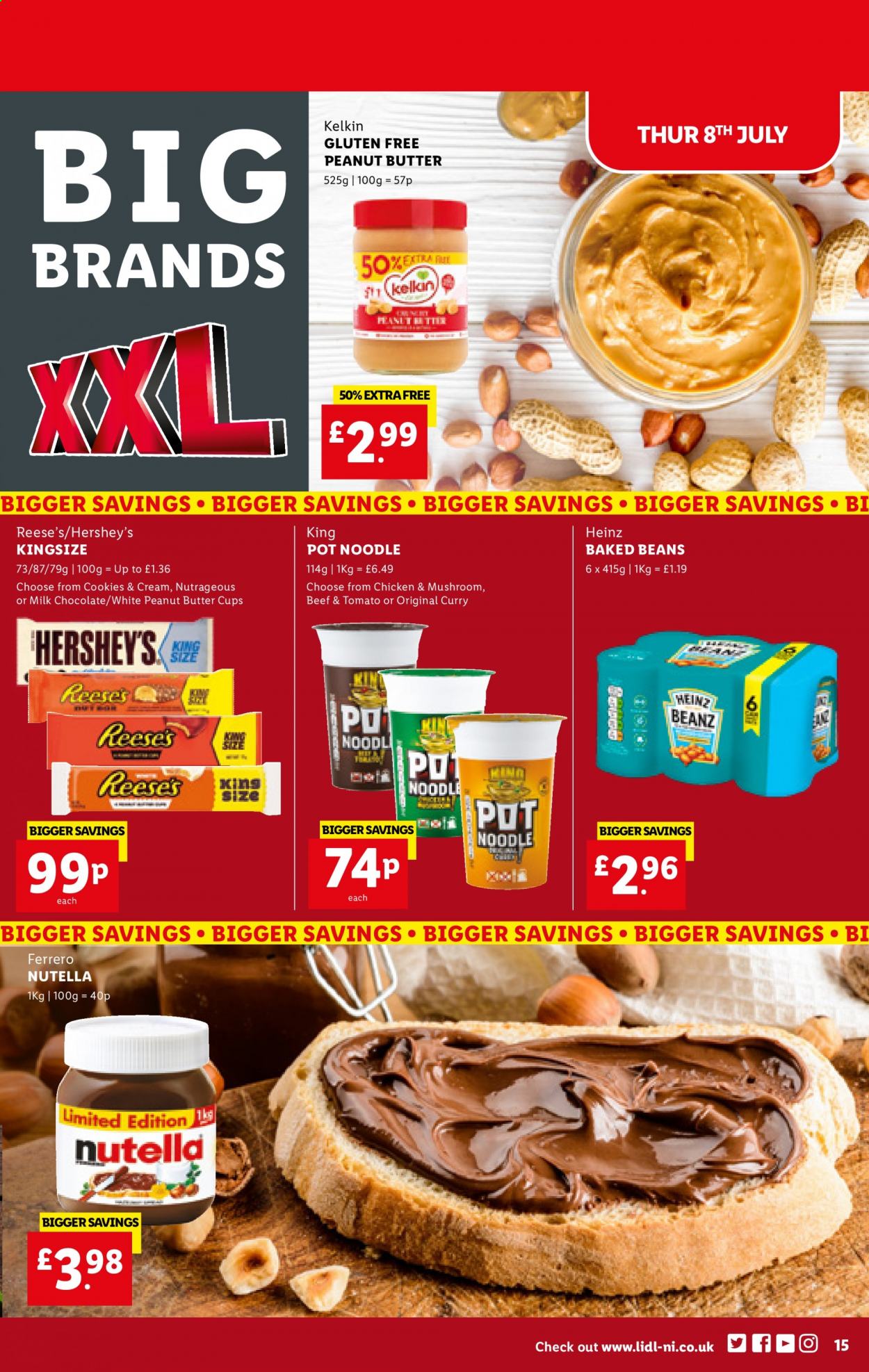 thumbnail - Lidl offer  - 08/07/2021 - 14/07/2021 - Sales products - beans, noodles, Reese's, Hershey's, milk chocolate, Nutella, chocolate, Ferrero Rocher, peanut butter cups, Heinz, baked beans, pot. Page 15.