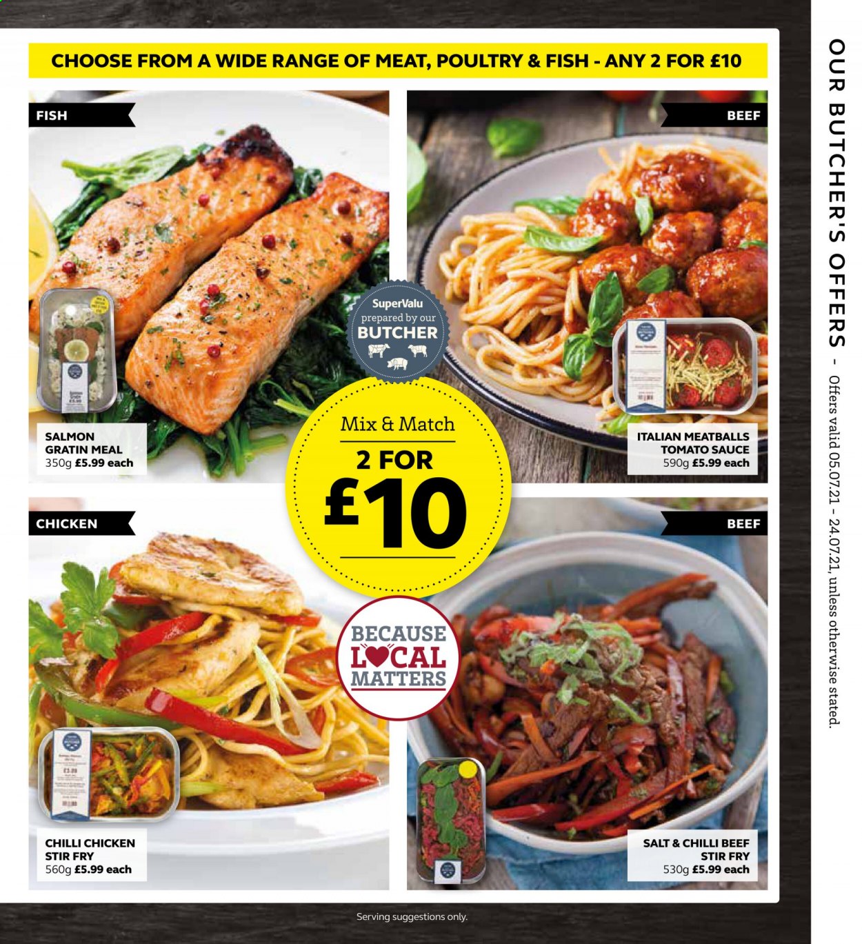 thumbnail - SuperValu offer  - 05/07/2021 - 24/07/2021 - Sales products - salmon, fish, meatballs, sauce, tomato sauce. Page 3.