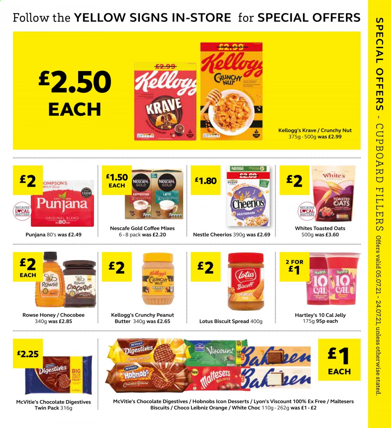 thumbnail - SuperValu offer  - 05/07/2021 - 24/07/2021 - Sales products - biscuit, Nestlé, chocolate, jelly, Kellogg's, Maltesers, Cheerios, toasted oats, honey, peanut butter, Punjana, coffee, Nescafé, Lotus. Page 11.