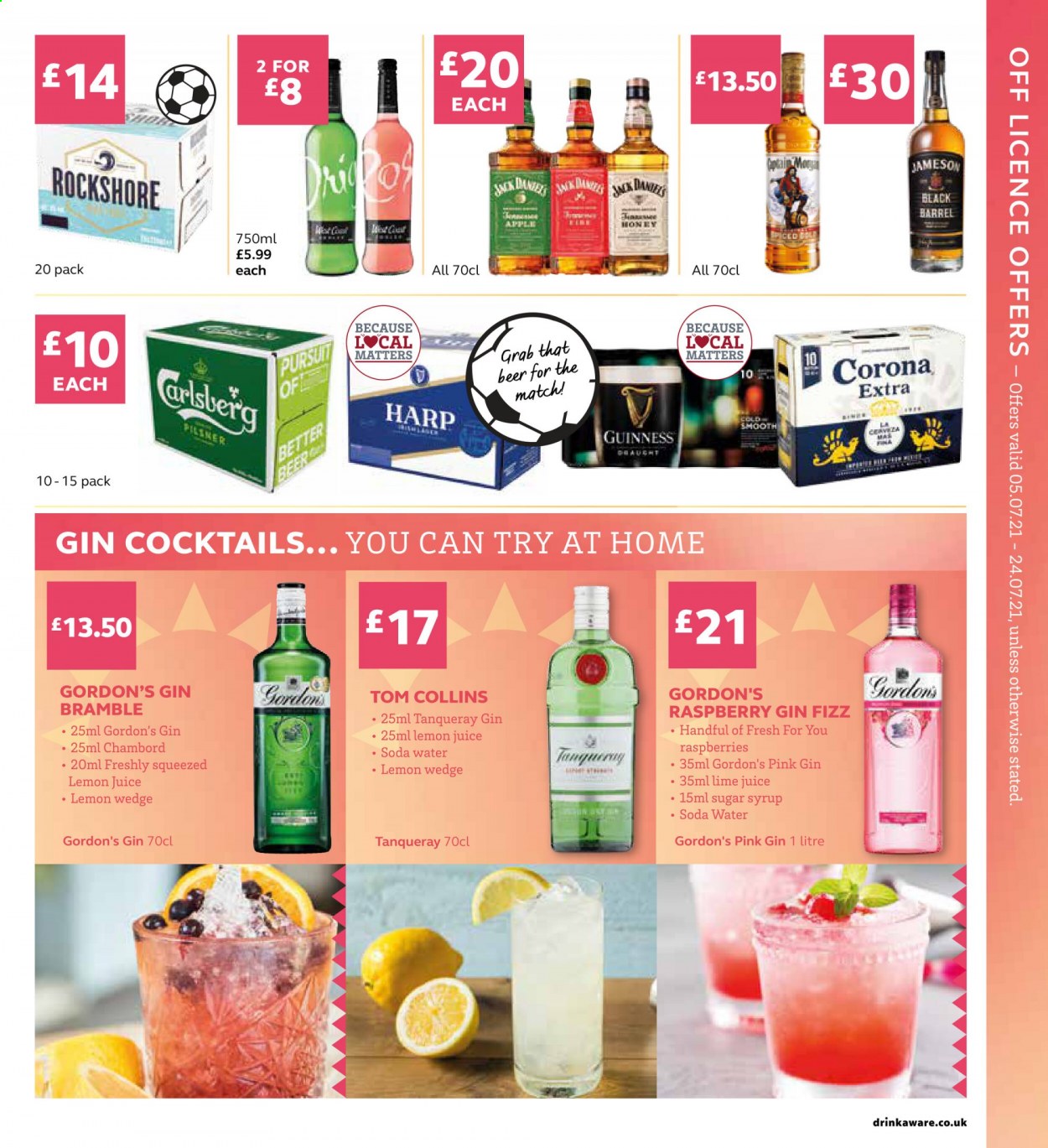 thumbnail - SuperValu offer  - 05/07/2021 - 24/07/2021 - Sales products - Corona Extra, beer, Guinness, Rockshore, raspberries, sugar, honey, syrup, soda, lemon juice, gin, Jameson, Gordon's. Page 15.