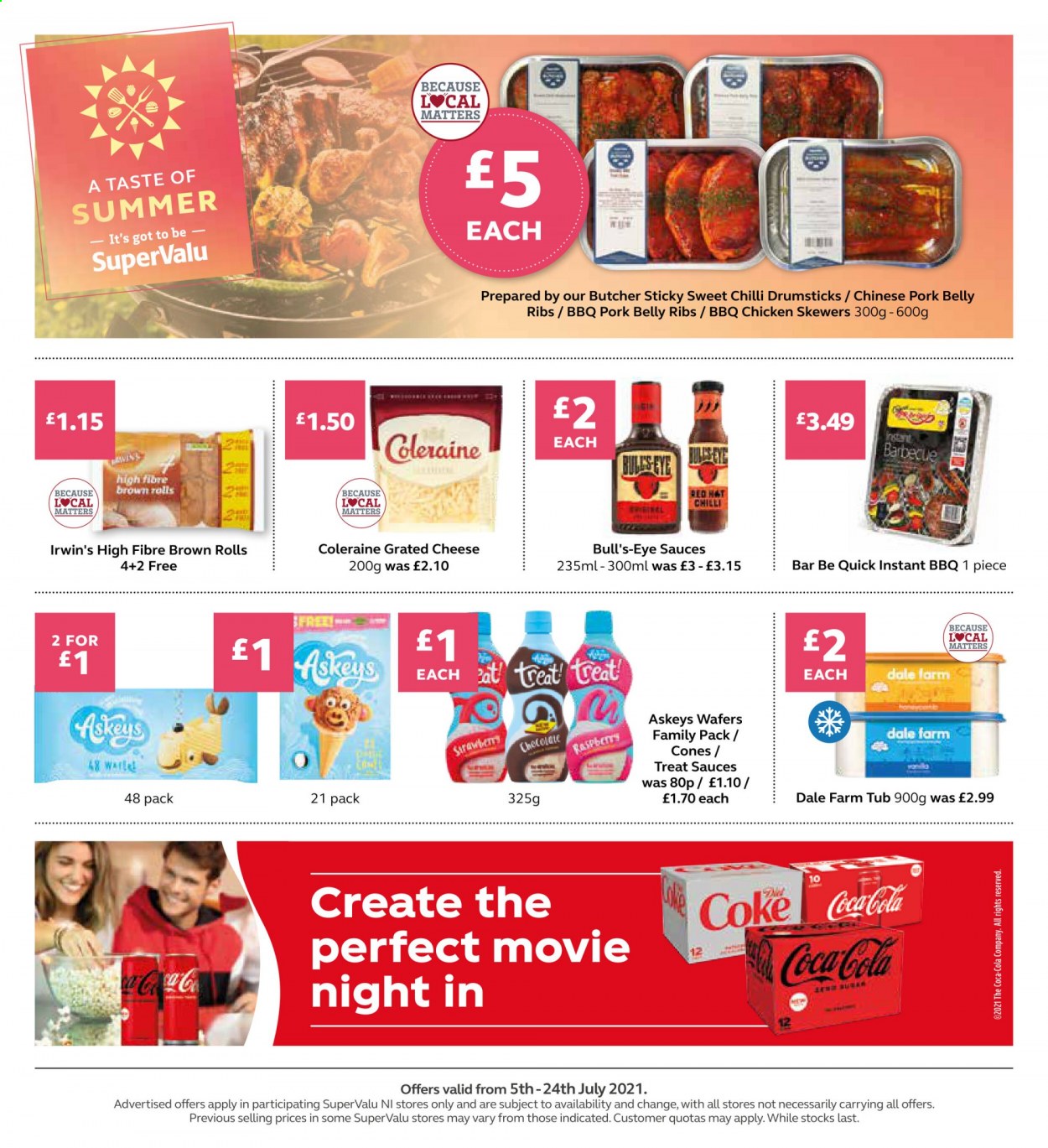 thumbnail - SuperValu offer  - 05/07/2021 - 24/07/2021 - Sales products - pork belly, pork meat, cheese, grated cheese, wafers, Coca-Cola, wine. Page 16.