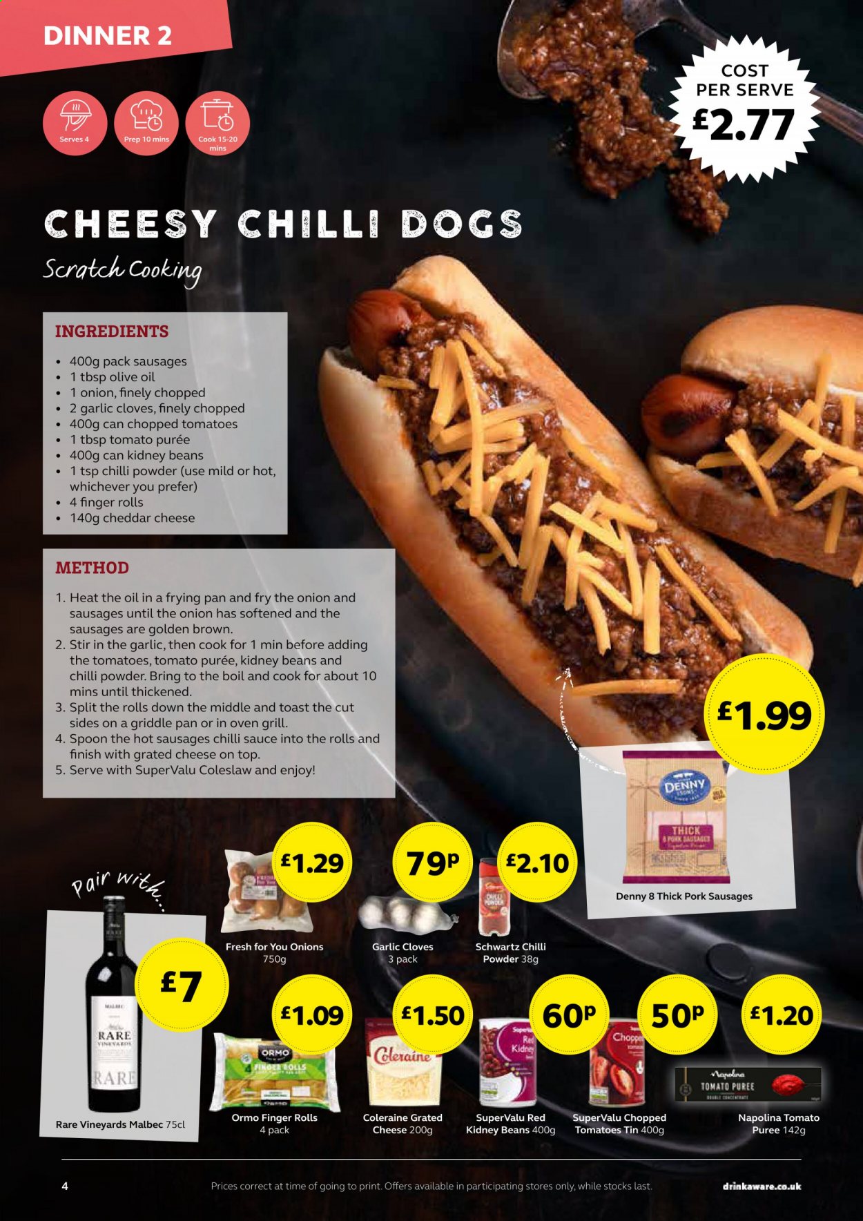 thumbnail - SuperValu offer  - Sales products - garlic, coleslaw, sausage, cheddar, cheese, grated cheese, tomato sauce, kidney beans, tomato puree, chopped tomatoes, cloves, chilli powder, chilli sauce, spoon, pan. Page 4.