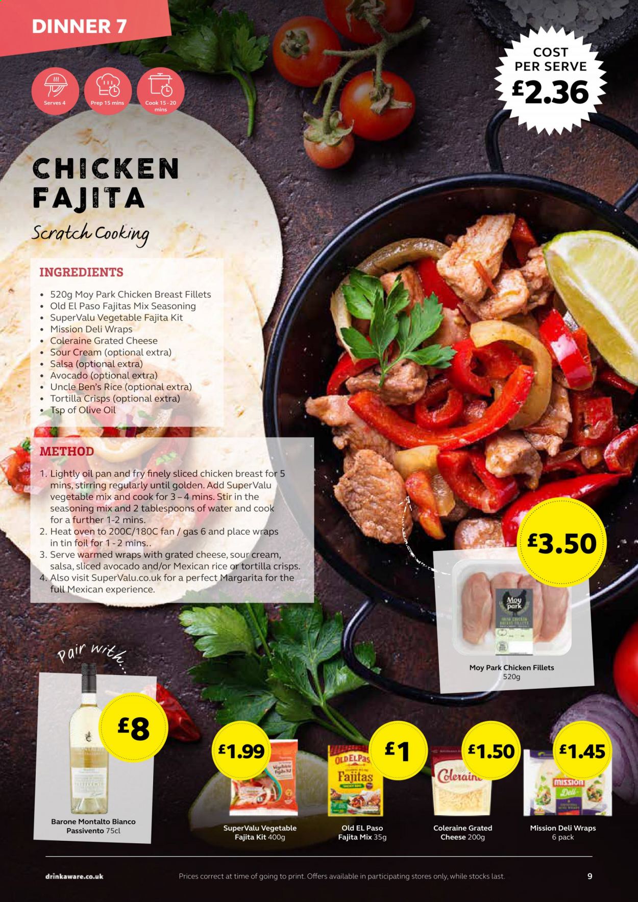 thumbnail - SuperValu offer  - Sales products - chicken breasts, chicken, tortillas, Old El Paso, wraps, fajita mix, cheese, grated cheese, sour cream, Uncle Ben's, spice, salsa, oil, pan. Page 9.