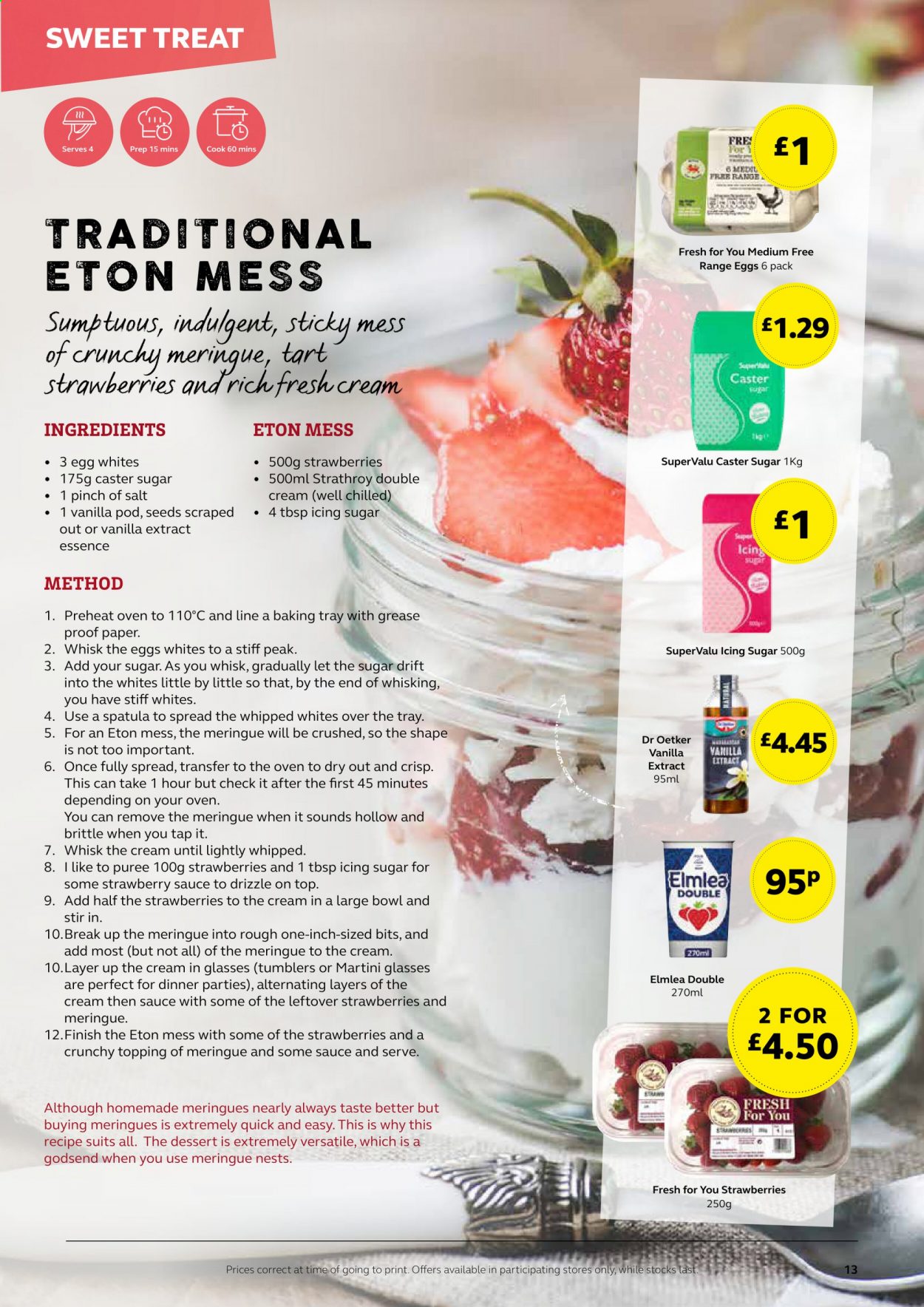thumbnail - SuperValu offer  - Sales products - strawberries, Dr. Oetker, eggs, icing sugar, sugar, topping, caster sugar, vanilla extract, Martini, spatula, tumbler, baking tray, paper. Page 13.