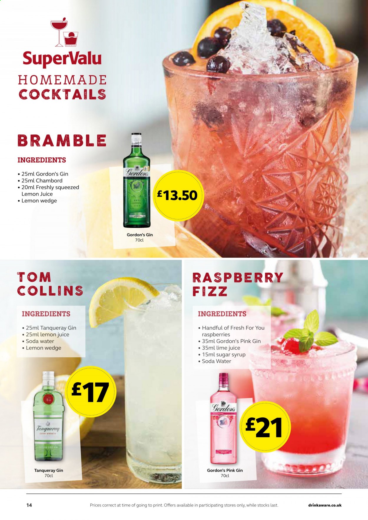 thumbnail - SuperValu offer  - Sales products - raspberries, sugar, syrup, soda, lemon juice, gin, Gordon's. Page 14.