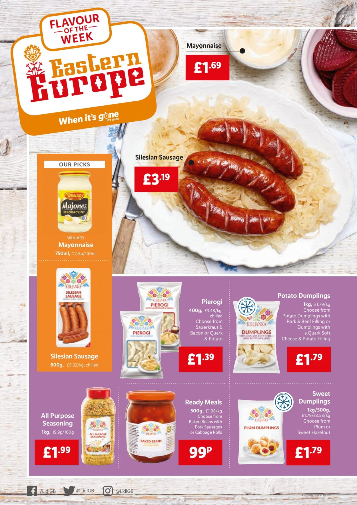 thumbnail - Lidl offer  - 08/07/2021 - 14/07/2021 - Sales products - beans, cabbage, pierogi, dumplings, bacon, sausage, soft cheese, mayonnaise, sauerkraut, baked beans, spice. Page 4.