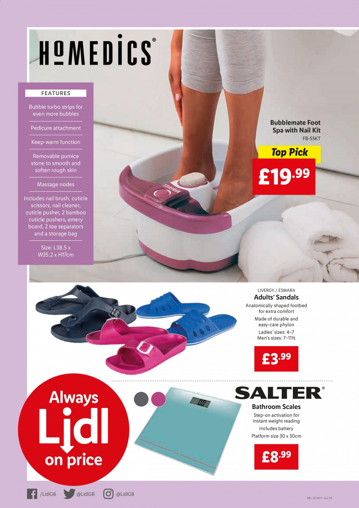 thumbnail - Lidl offer  - 08/07/2021 - 14/07/2021 - Sales products - sandals, Esmara, strips, cleaner, nail brush, cuticle pusher, storage bag, brush, scissors, battery platform. Page 16.