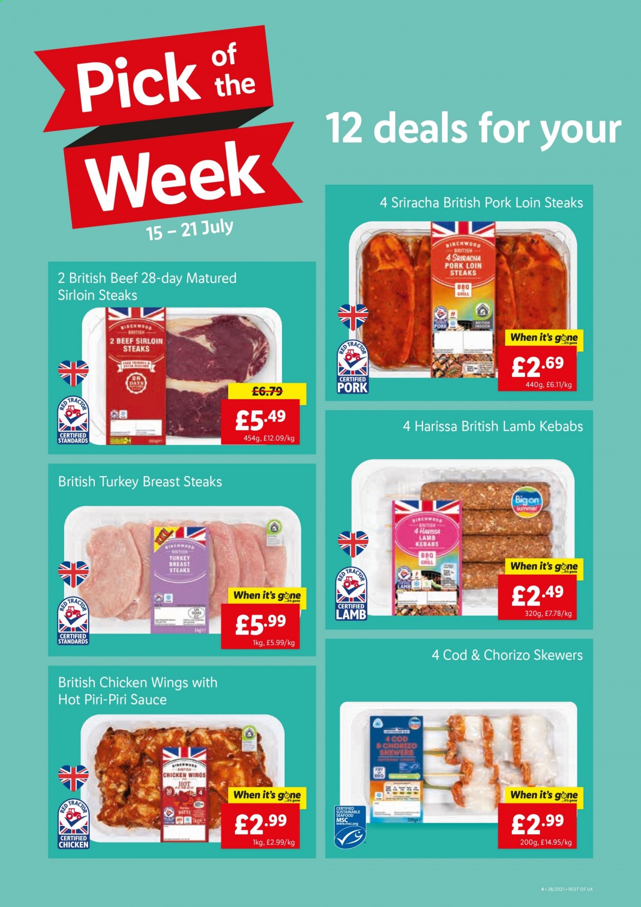 thumbnail - Lidl offer  - 15/07/2021 - 21/07/2021 - Sales products - turkey breast, chicken wings, turkey, beef meat, beef sirloin, steak, sirloin steak, pork loin, pork meat, cod, sauce, sriracha, grill. Page 4.