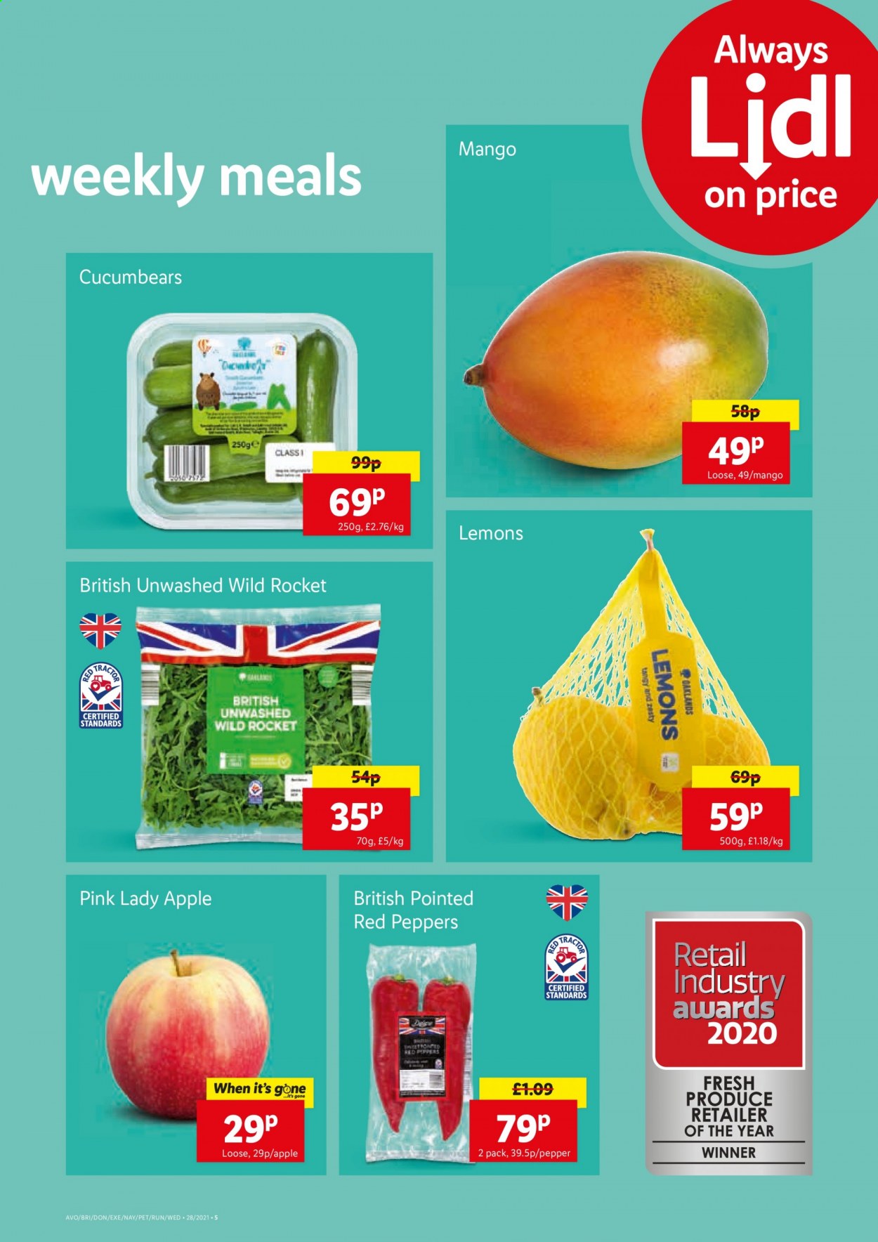 thumbnail - Lidl offer  - 15/07/2021 - 21/07/2021 - Sales products - rocket, peppers, red peppers, mango, lemons, Pink Lady, pepper, Apple. Page 5.