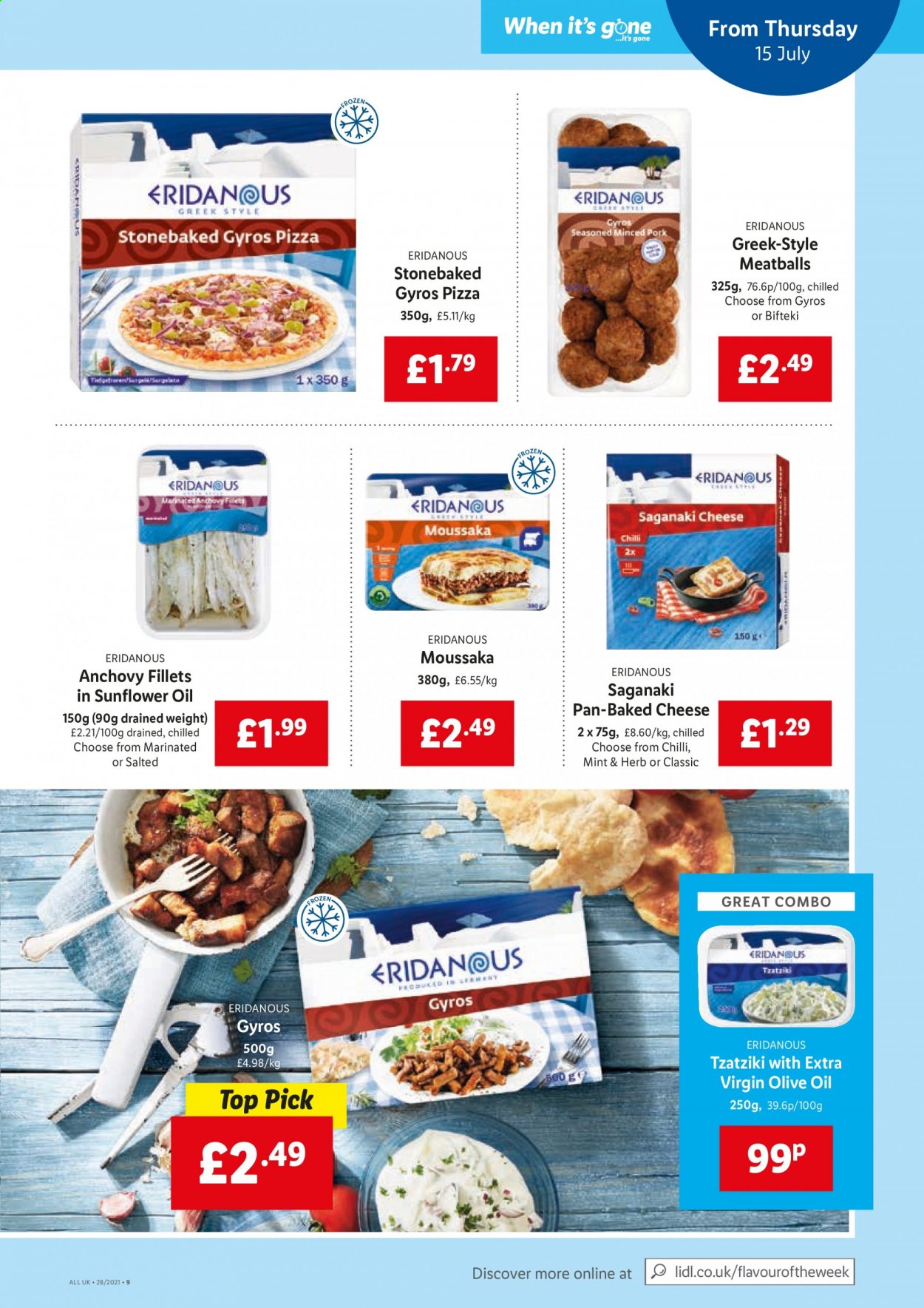 thumbnail - Lidl offer  - 15/07/2021 - 21/07/2021 - Sales products - pizza, meatballs, tzatziki, anchovies, olive oil, pan. Page 9.