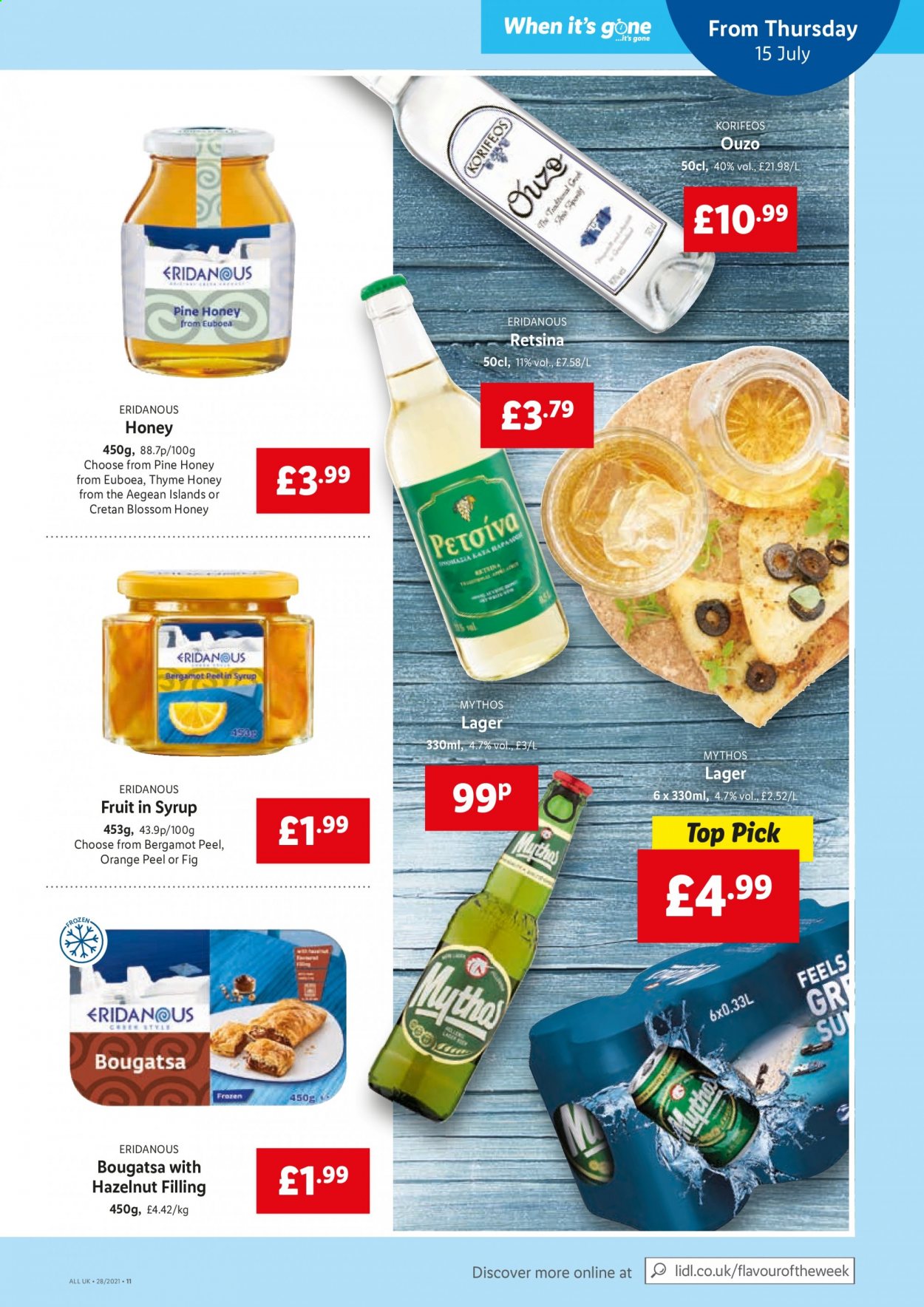 thumbnail - Lidl offer  - 15/07/2021 - 21/07/2021 - Sales products - beer, Lager, oranges, Blossom, honey, ouzo. Page 11.