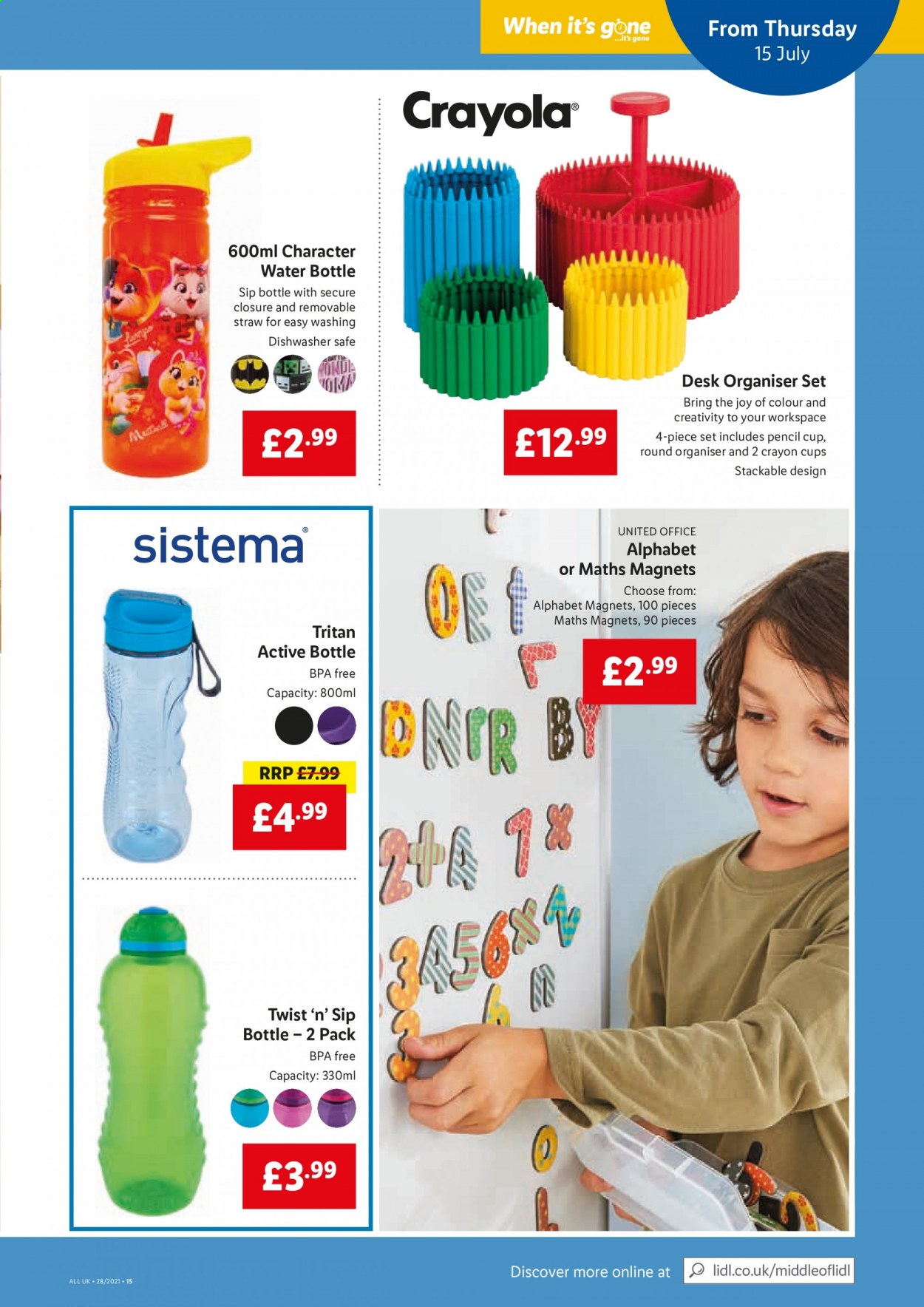 thumbnail - Lidl offer  - 15/07/2021 - 21/07/2021 - Sales products - cup, straw, drink bottle, crayons, desk organiser, pencil. Page 15.