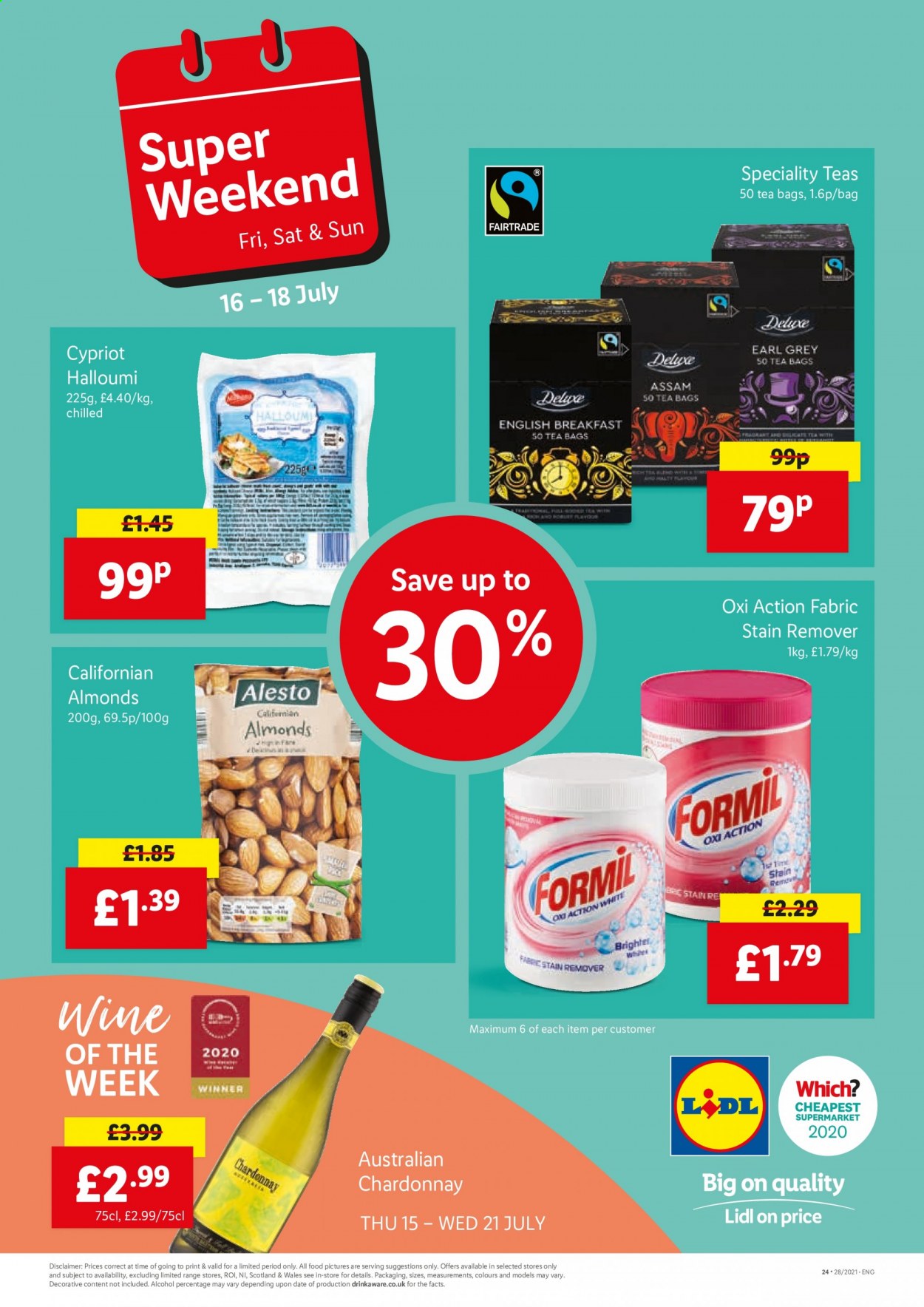 thumbnail - Lidl offer  - 15/07/2021 - 21/07/2021 - Sales products - alcohol, halloumi, almonds, tea bags, white wine, Chardonnay, wine, stain remover. Page 24.