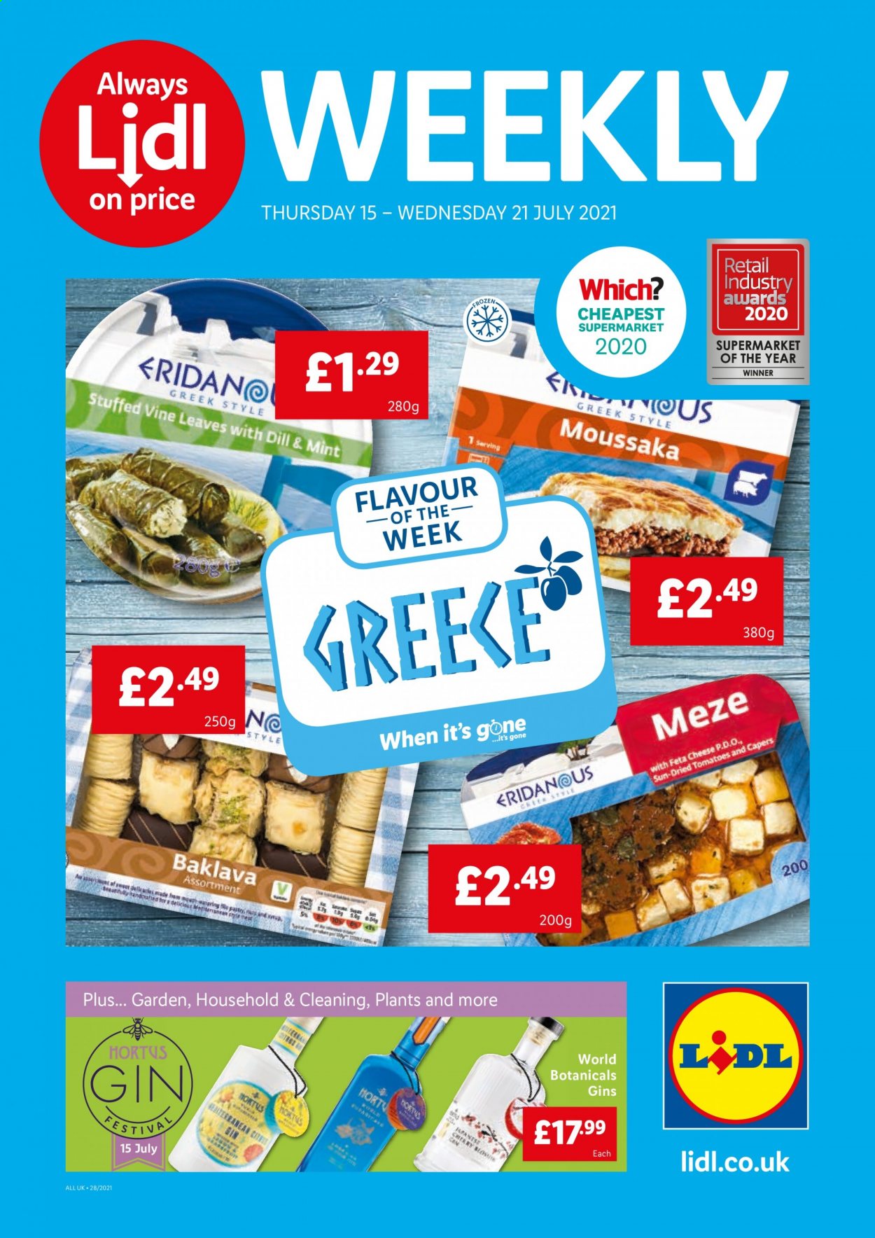 thumbnail - Lidl offer  - 15/07/2021 - 21/07/2021 - Sales products - feta, cheese, capers, dried tomatoes, dill, gin. Page 1.