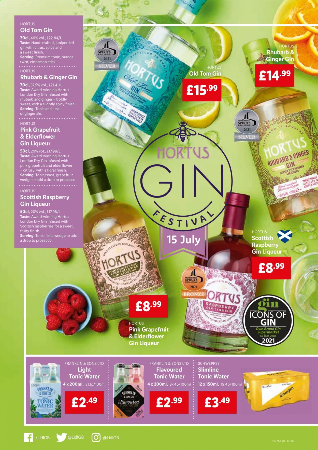 thumbnail - Lidl offer  - 15/07/2021 - 21/07/2021 - Sales products - grapefruits, raspberries, oranges, spice, cinnamon, ginger ale, Schweppes, tonic, soda, prosecco, gin, liqueur. Page 10.
