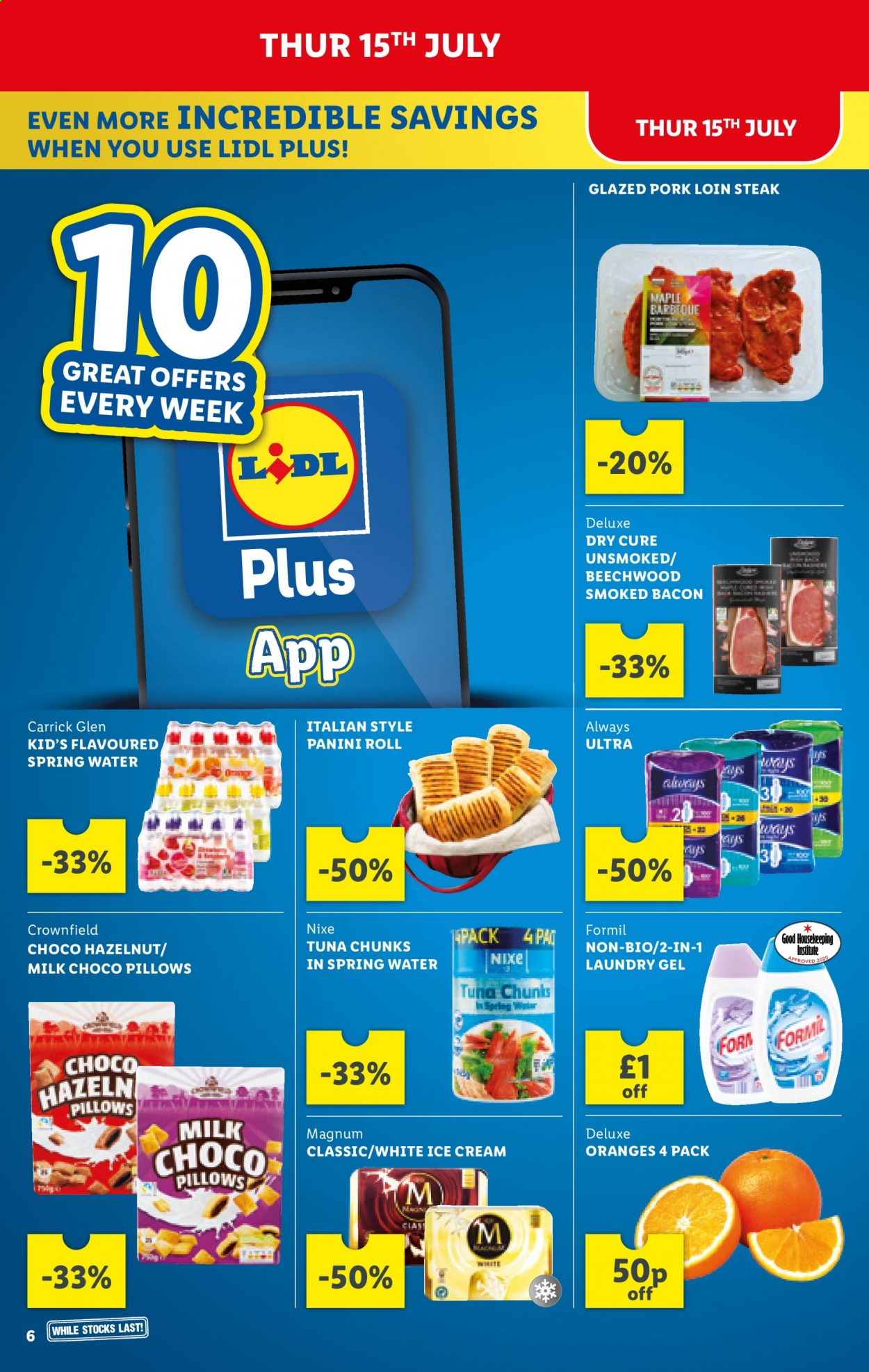 thumbnail - Lidl offer  - 15/07/2021 - 21/07/2021 - Sales products - oranges, steak, pork loin, pork meat, panini, tuna, bacon, Magnum, ice cream, choco pillows, spring water. Page 6.