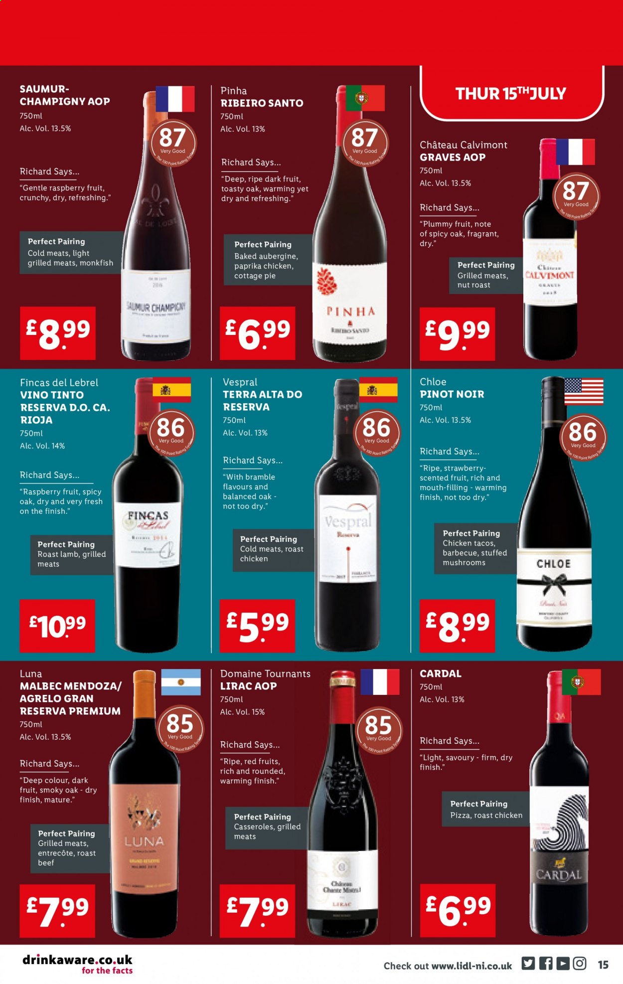 thumbnail - Lidl offer  - 15/07/2021 - 21/07/2021 - Sales products - alcohol, eggplant, beef meat, monkfish, chicken roast, ready meal, cottage pie, red wine, wine, Pinot Noir, Malbec, Chloé. Page 15.