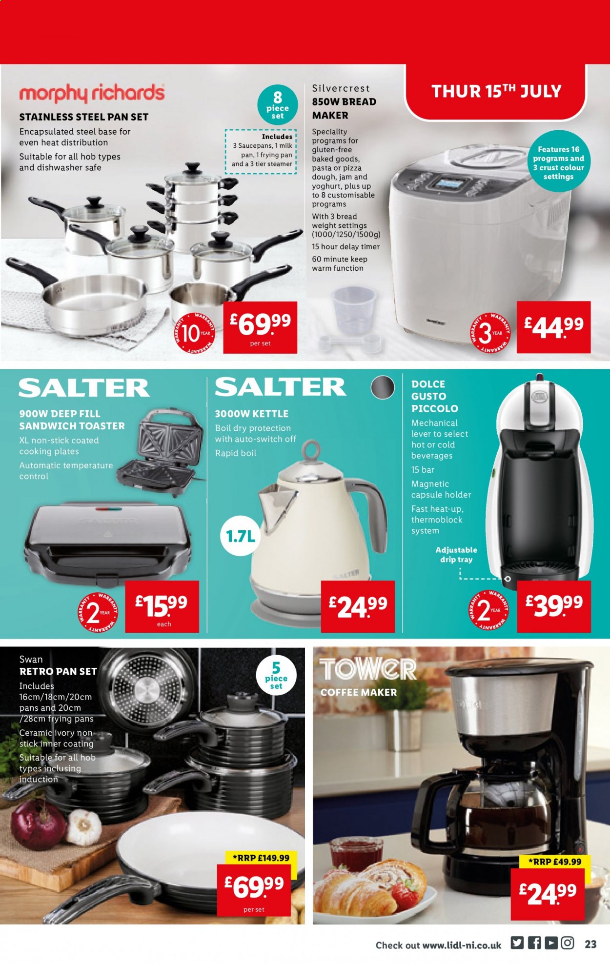 thumbnail - Lidl offer  - 15/07/2021 - 21/07/2021 - Sales products - SilverCrest, bread, sandwich, yoghurt, milk, pizza dough, fruit jam, Dolce Gusto, holder, plate, pan, coffee machine, toaster, kettle, switch. Page 23.