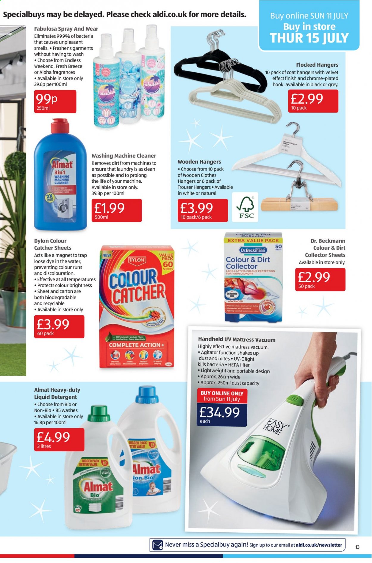 thumbnail - Aldi offer  - 11/07/2021 - 18/07/2021 - Sales products - shake, detergent, cleaner, washing machine cleaner, liquid detergent, hook, hanger, mattress. Page 13.