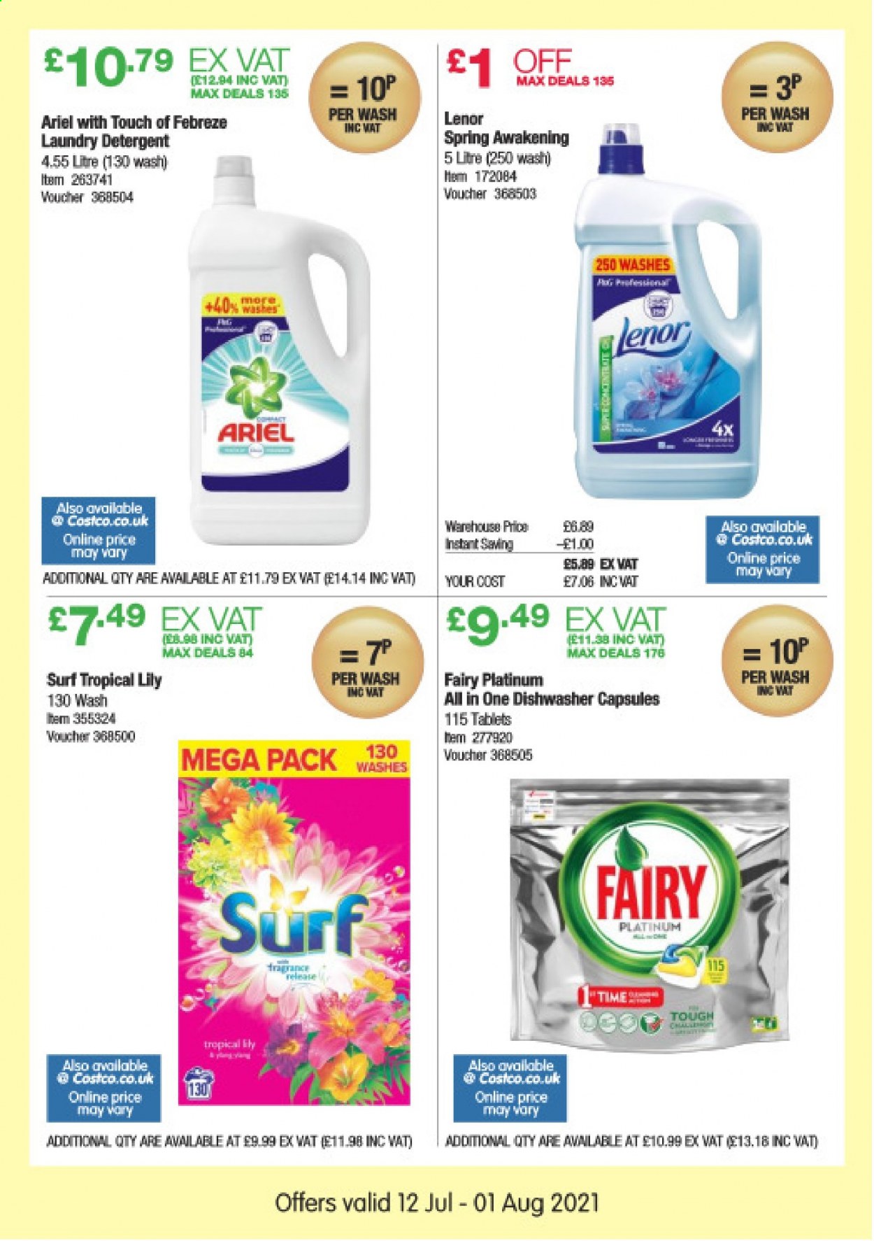 thumbnail - Costco offer  - 12/07/2021 - 01/08/2021 - Sales products - detergent, Febreze, Fairy, Ariel, laundry detergent, Surf, Lenor, dishwasher. Page 7.