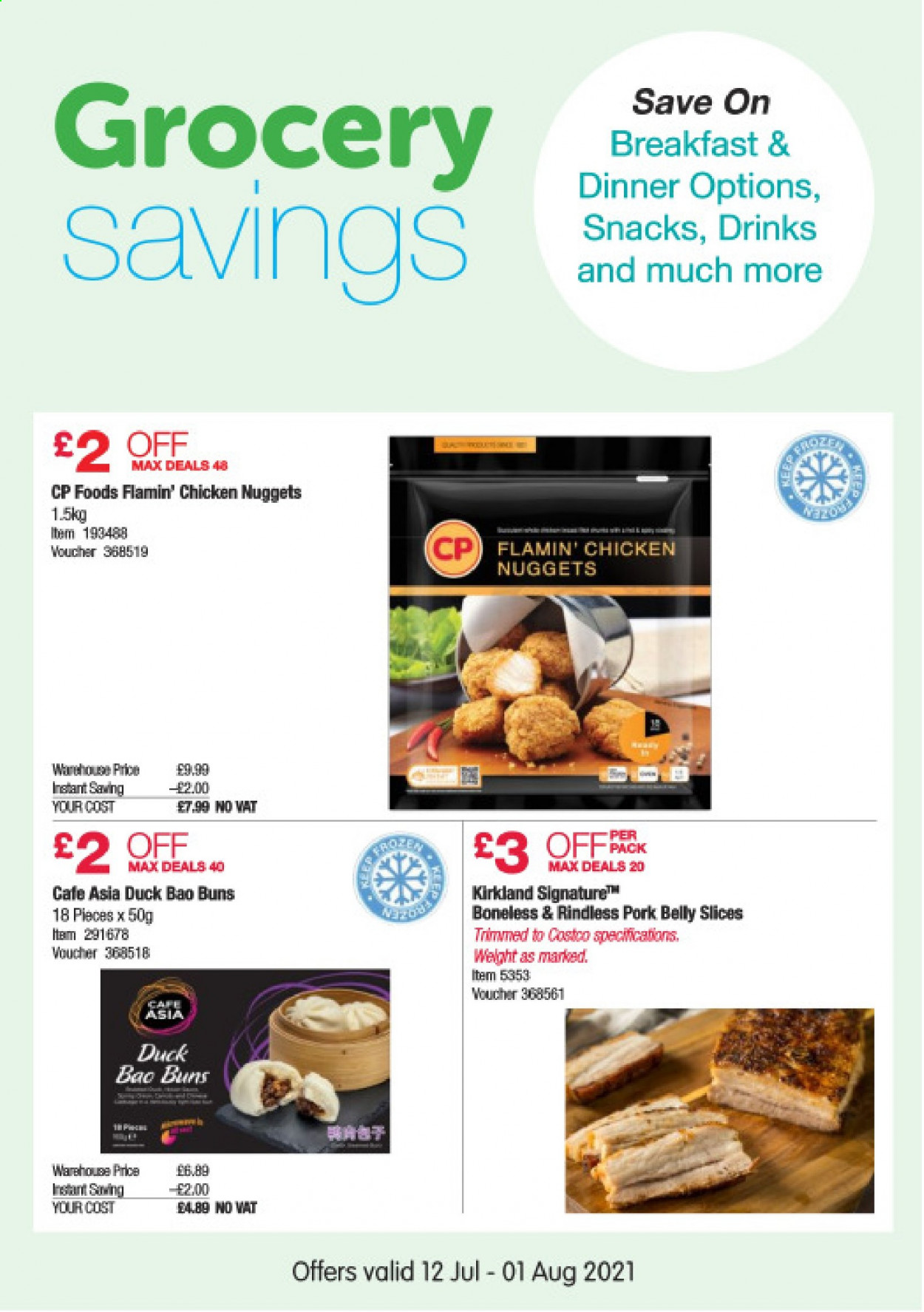 thumbnail - Costco offer  - 12/07/2021 - 01/08/2021 - Sales products - pork belly, pork meat, buns, nuggets, chicken nuggets, snack. Page 8.