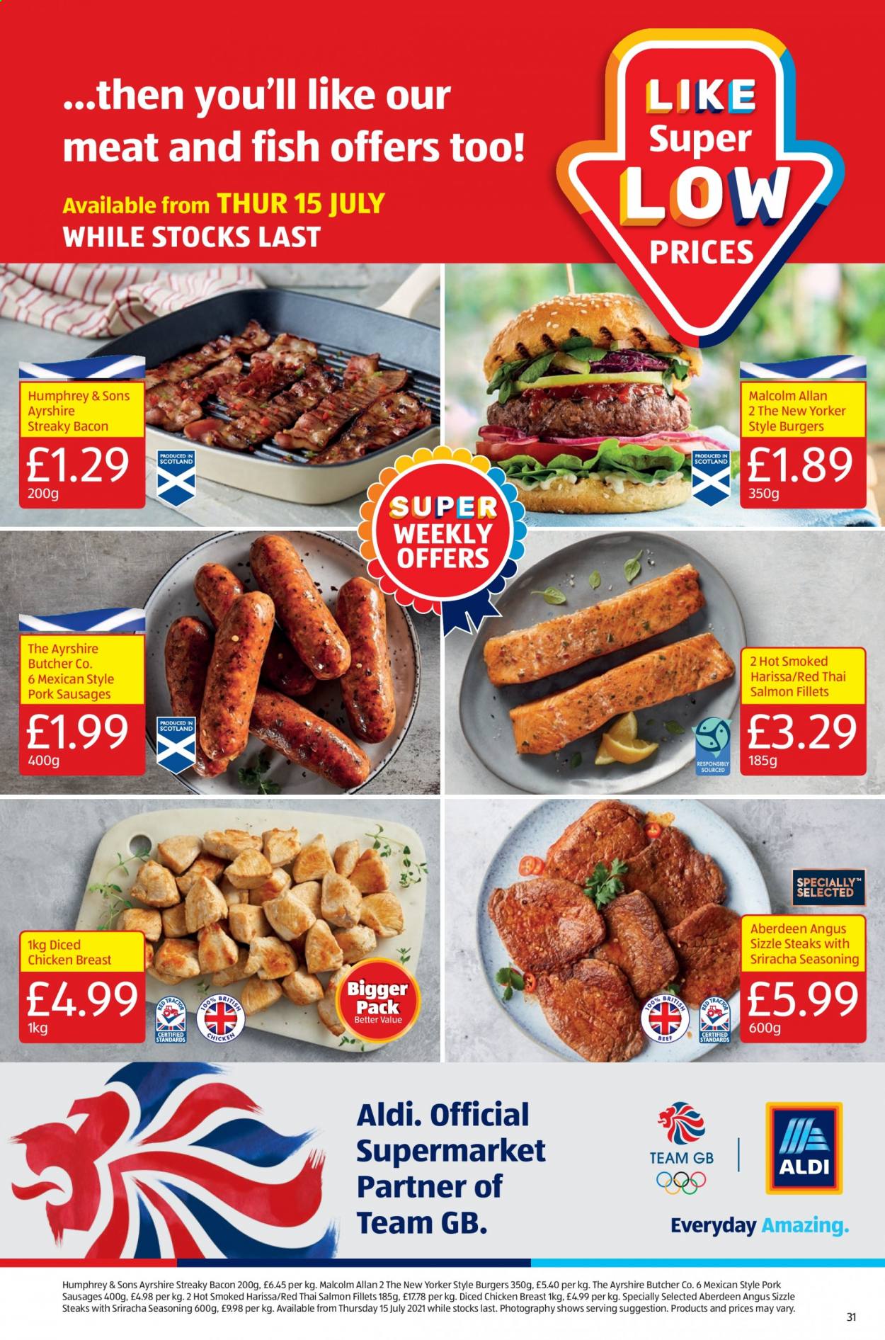 thumbnail - Aldi offer  - 11/07/2021 - 18/07/2021 - Sales products - chicken breasts, chicken, steak, hamburger, salmon, salmon fillet, bacon, streaky bacon, sausage, spice, sriracha. Page 31.